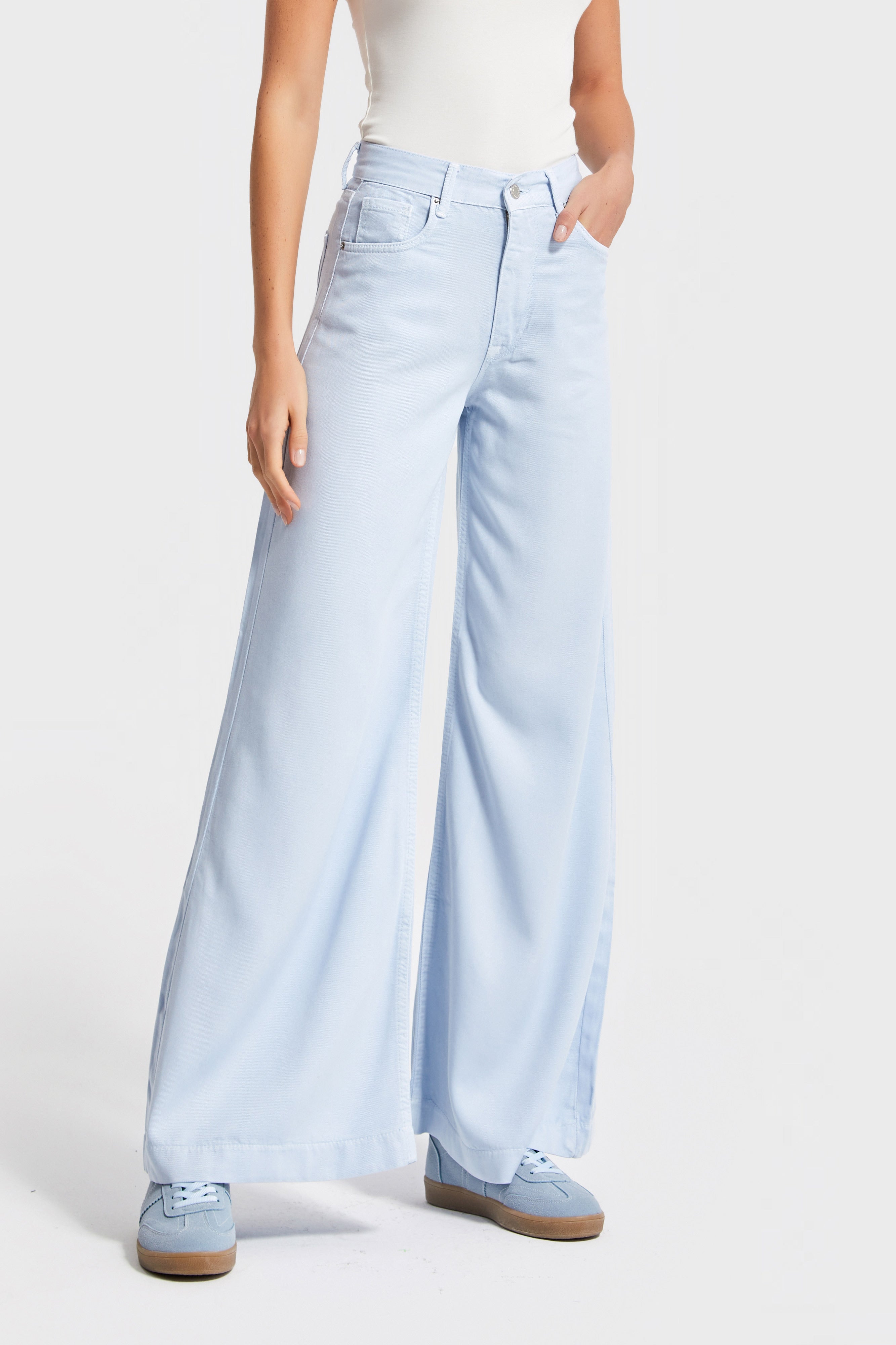 Kadın Bebe Mavisi Renk 6s5-103 Wide Leg Flare Fit Organik Pamuk Viskon Kumaş Pantolon