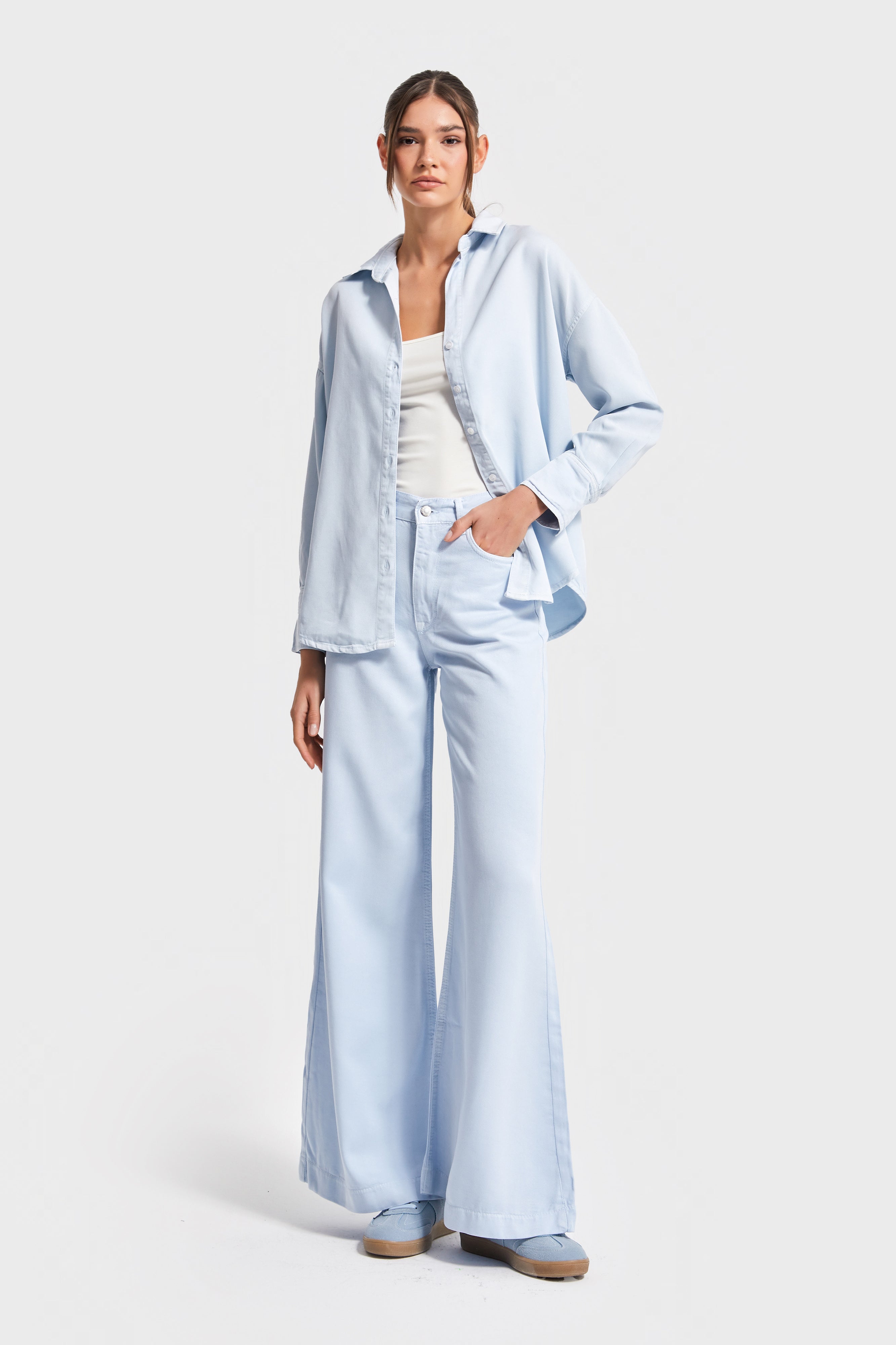 Kadın Bebe Mavisi Renk 6s5-103 Wide Leg Flare Fit Organik Pamuk Viskon Kumaş Pantolon