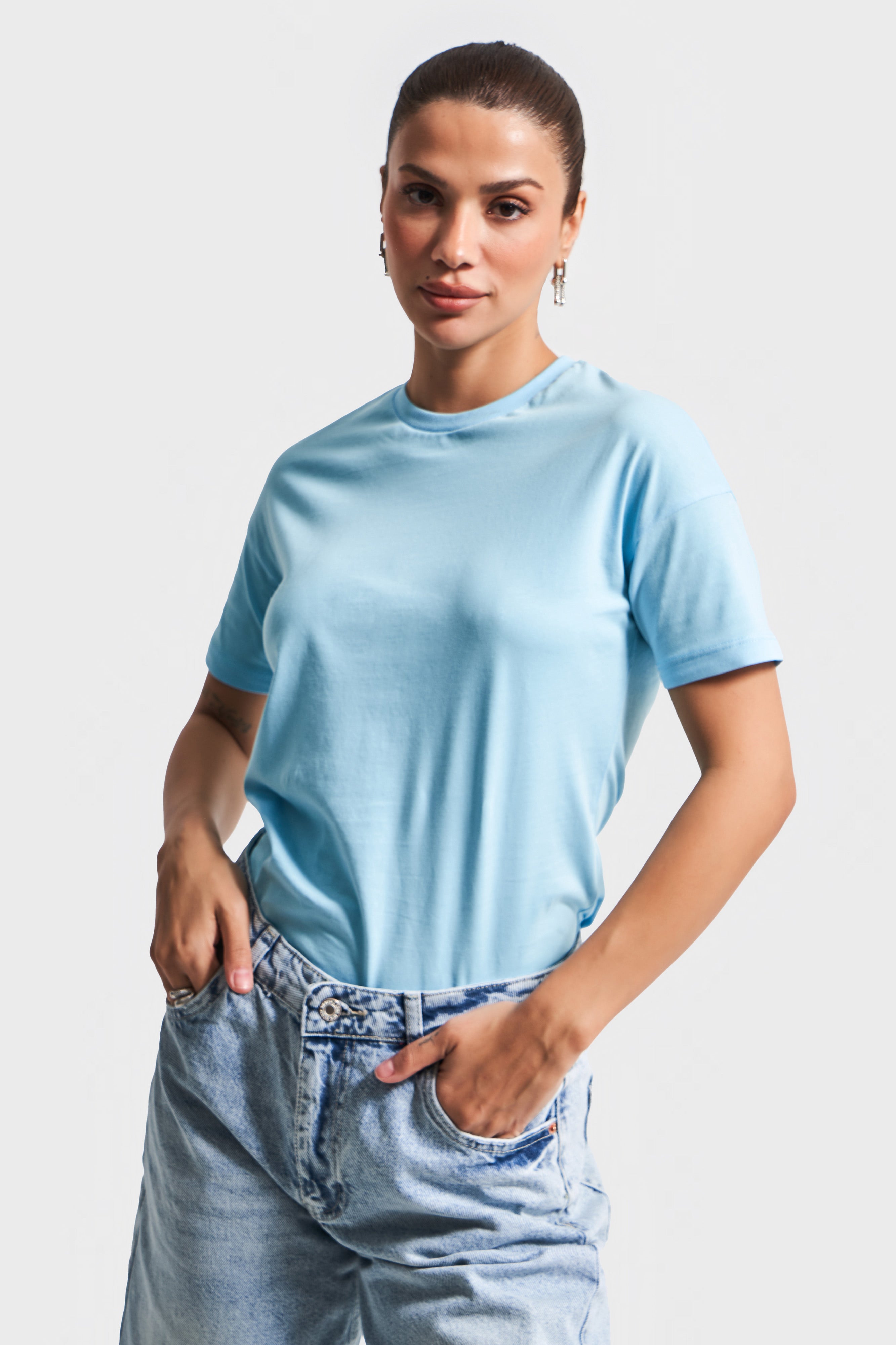 Kadın Bebe Mavisi Renk S5-3 Bisiklet Yaka Basic T-Shirt