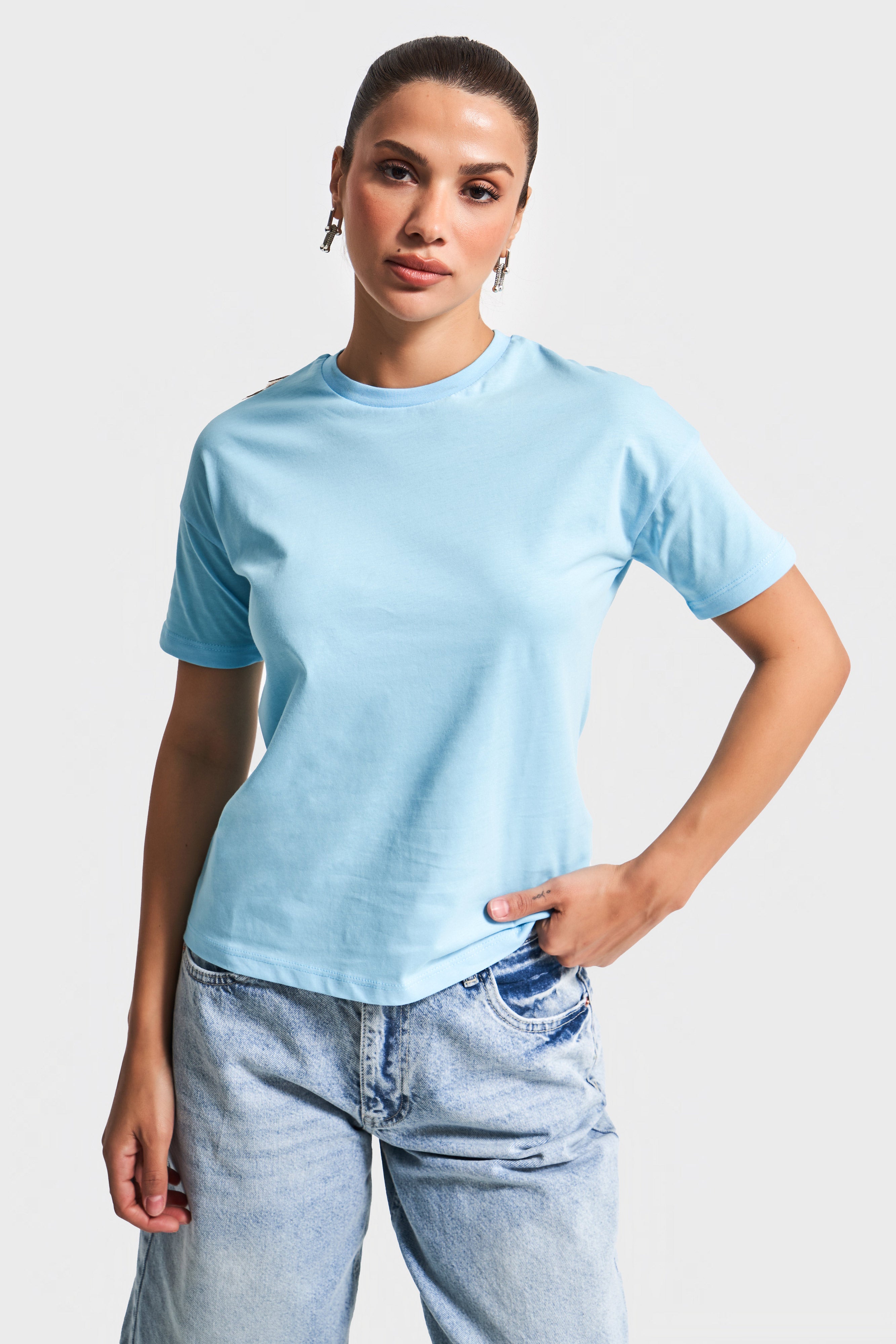 Kadın Bebe Mavisi Renk S5-3 Bisiklet Yaka Basic T-Shirt