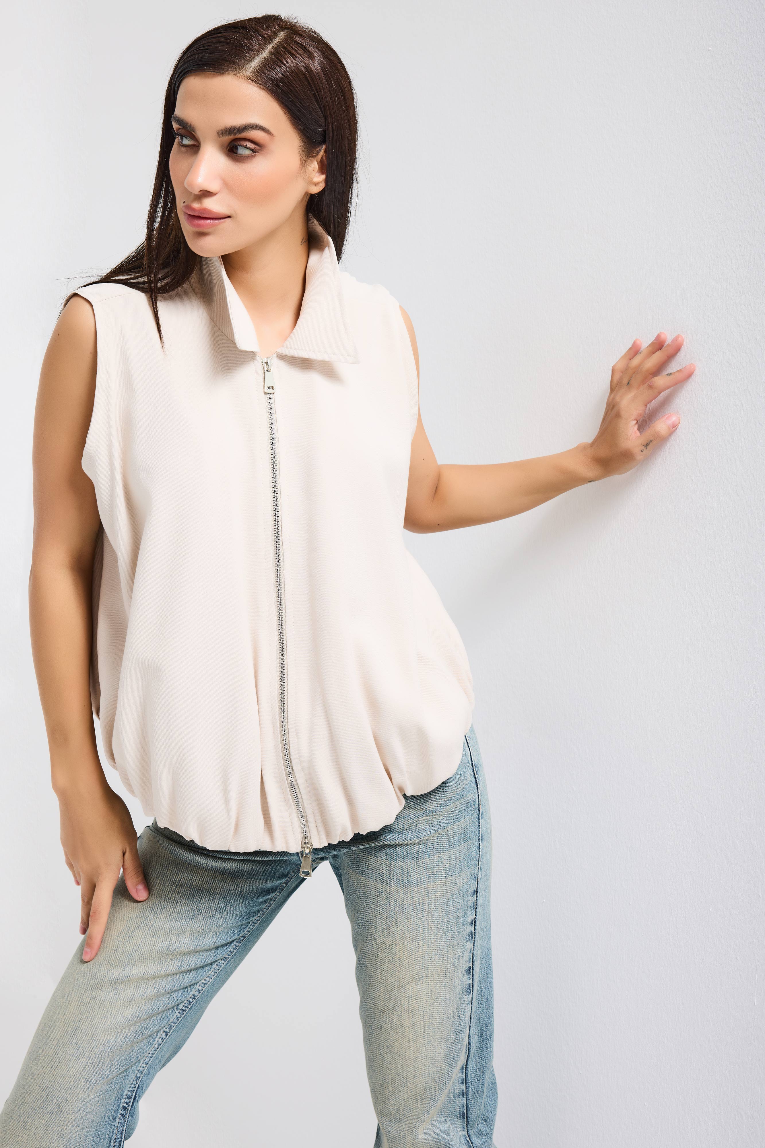 Kadın Bej Renk s6-105 Balon Kesim Fermuarlı Bol Kesim Kumaş Yelek