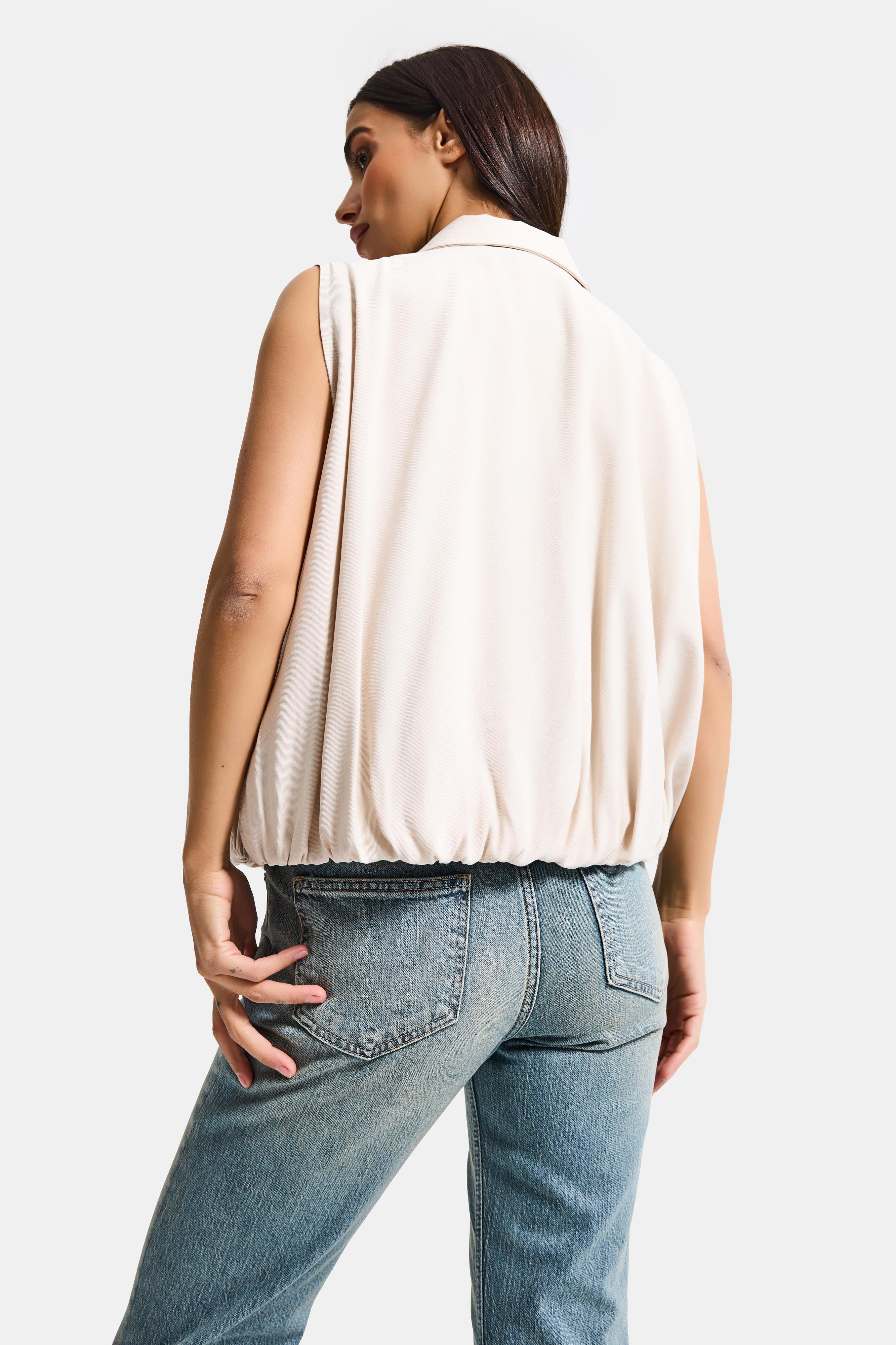 Kadın Bej Renk s6-105 Balon Kesim Fermuarlı Bol Kesim Kumaş Yelek