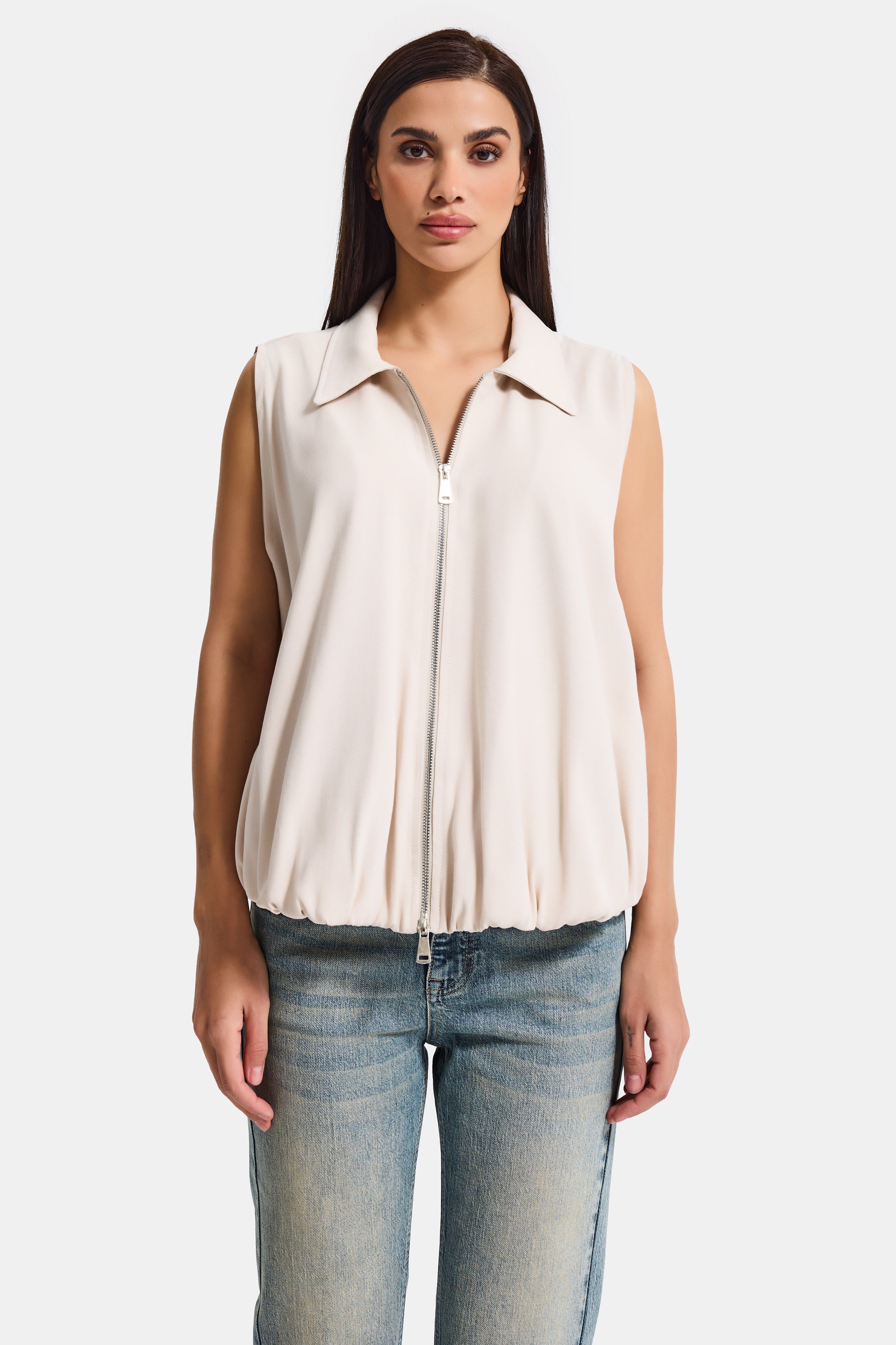 Kadın Bej Renk s6-105 Balon Kesim Fermuarlı Bol Kesim Kumaş Yelek