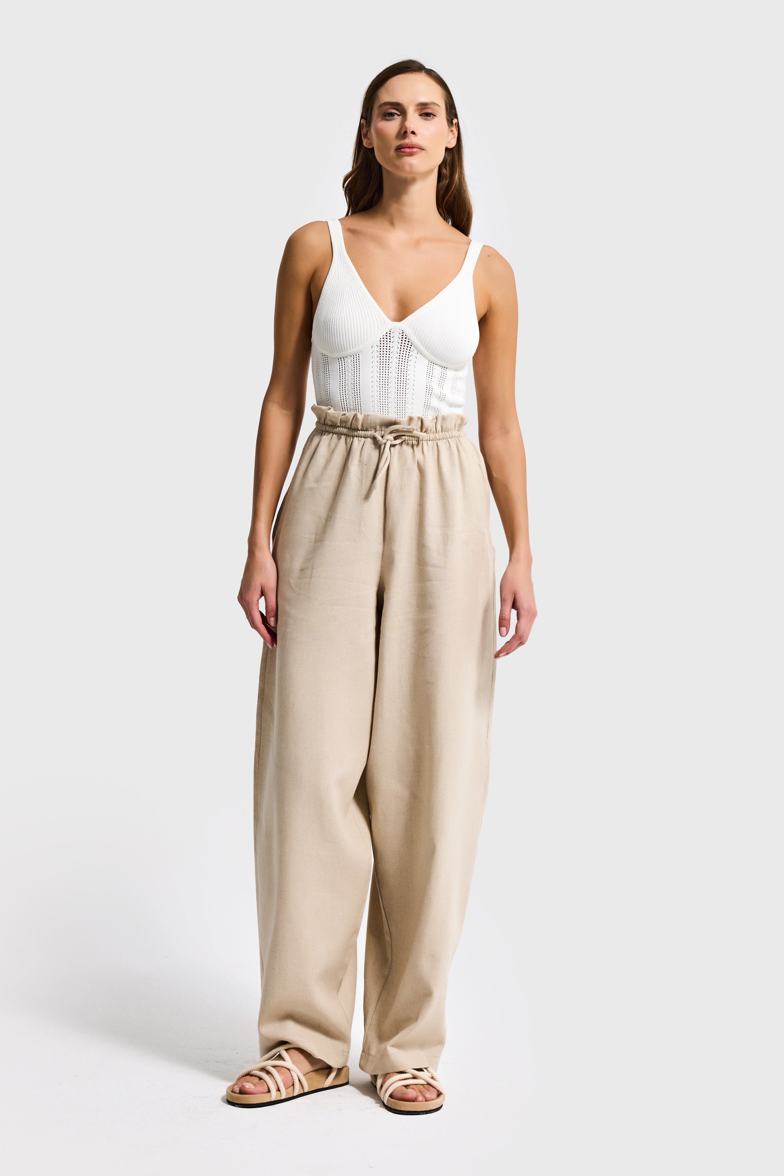 Kadın Bej Renk s6-57 Rahat Kesim Keten Kumaş Belden Lastikli Pantolon