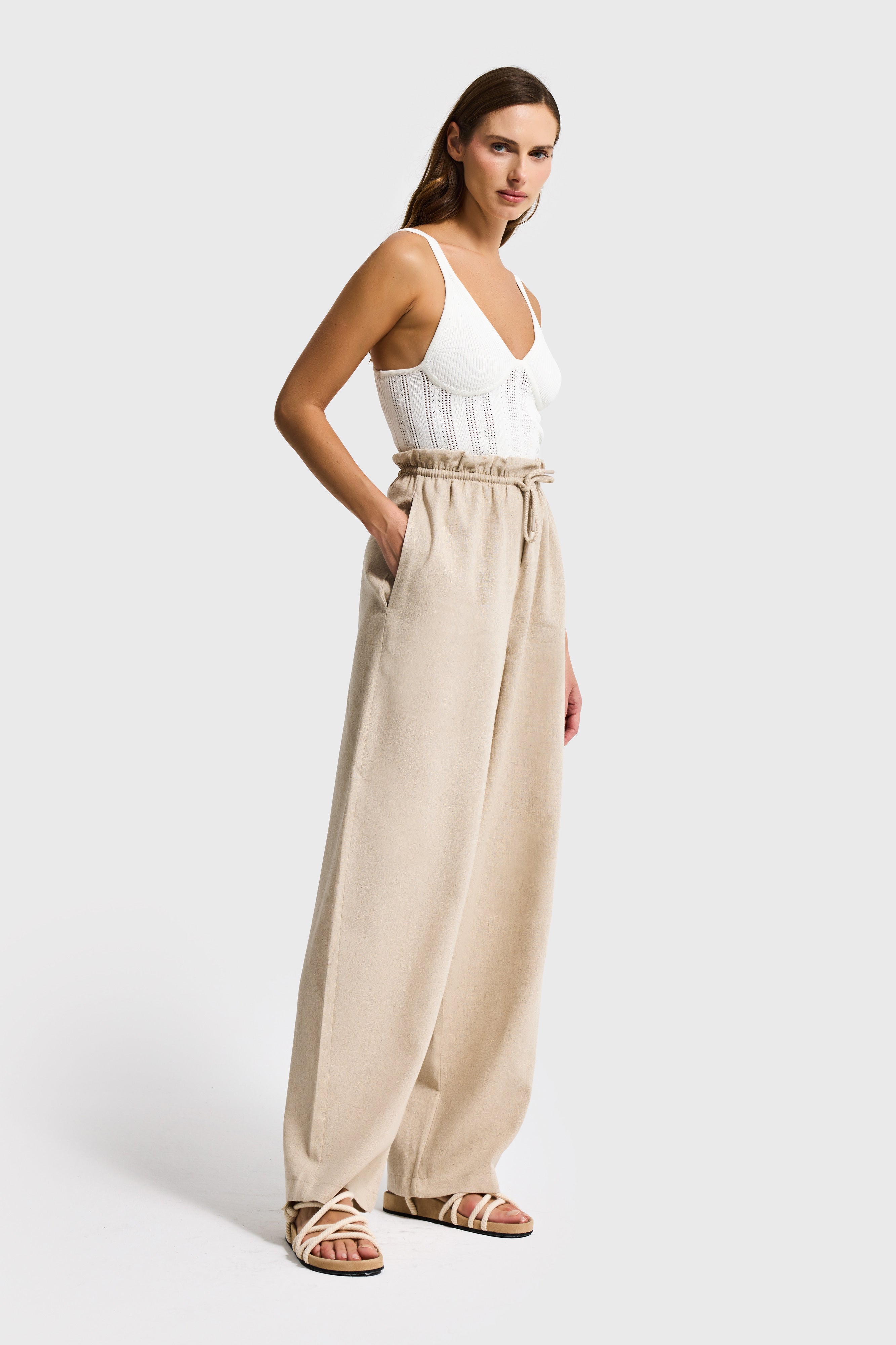 Kadın Bej Renk s6-57 Rahat Kesim Keten Kumaş Belden Lastikli Pantolon