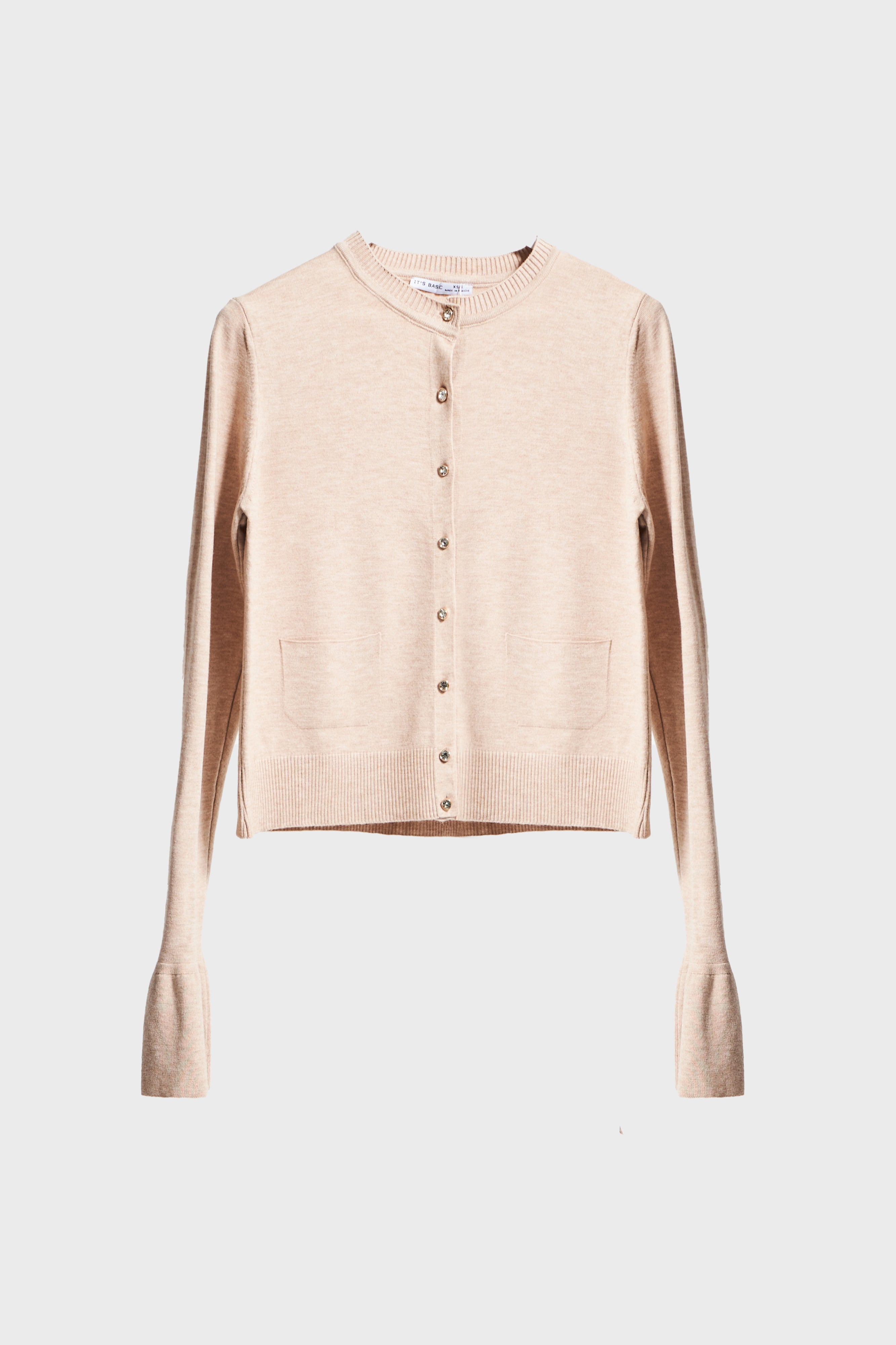 Kadın Bej Renk w5-57 Volanlı Kol Önü Cepli Düğmeli Viskon Karışımlı Triko Hırka