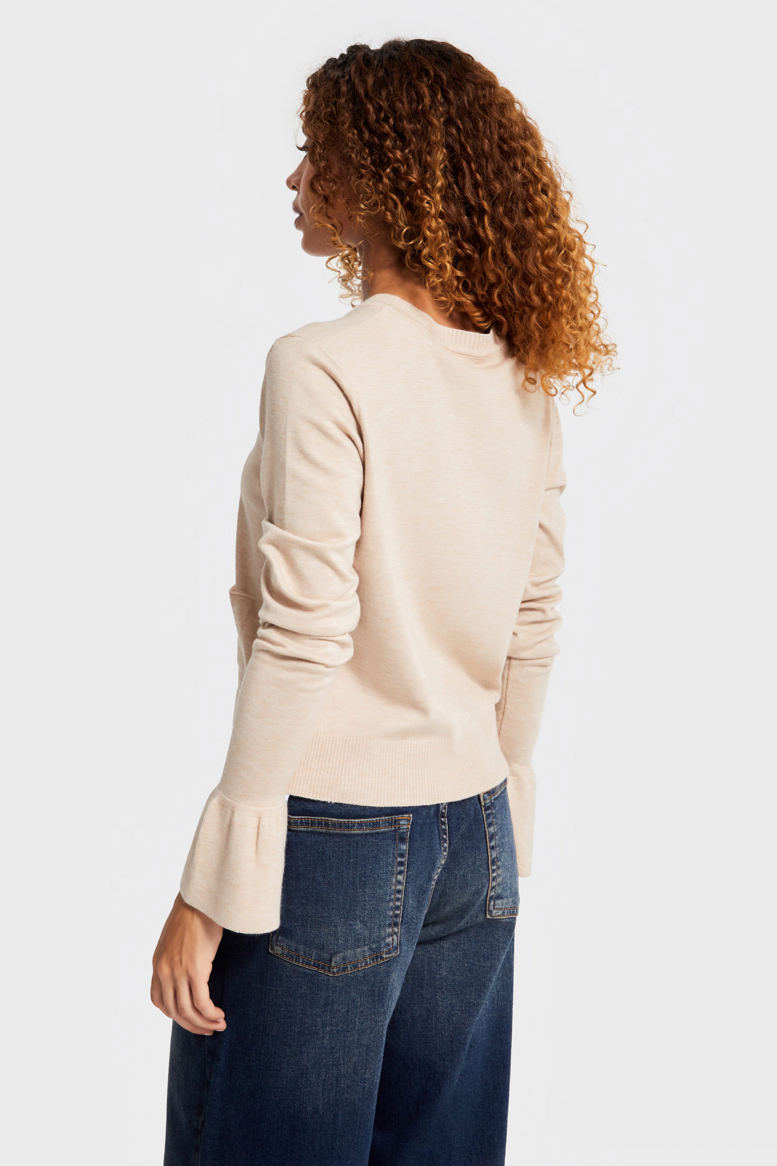 Women's Beige w5-57 Ruffled Sleeve Front Pocket Buttoned Viscose Blend Knit Cardigan