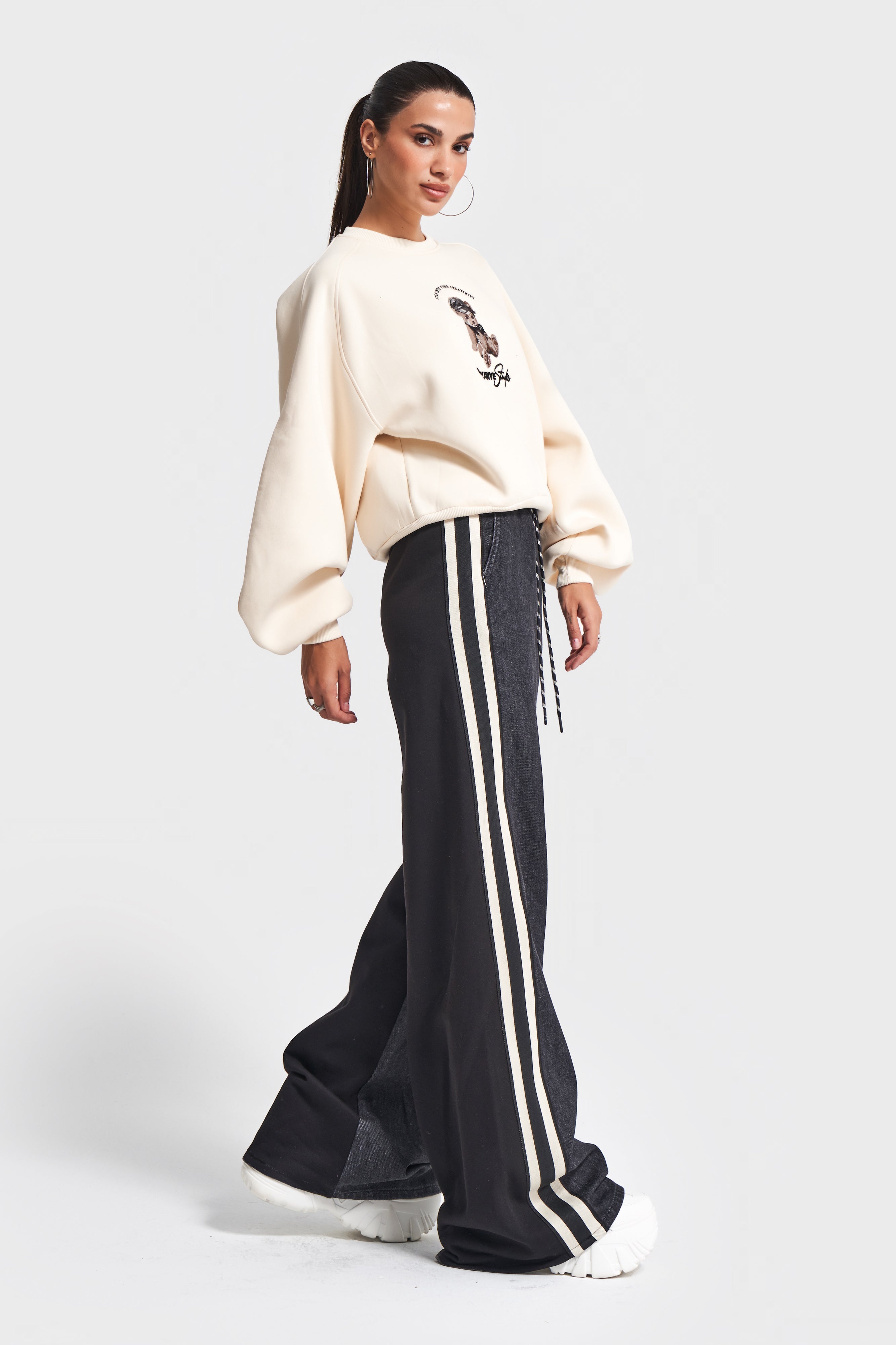 Kadın Bej Siyah Kot Rengi w5-105 Tasarım Sweatshirt Pantolon 2'li Kombin Takım