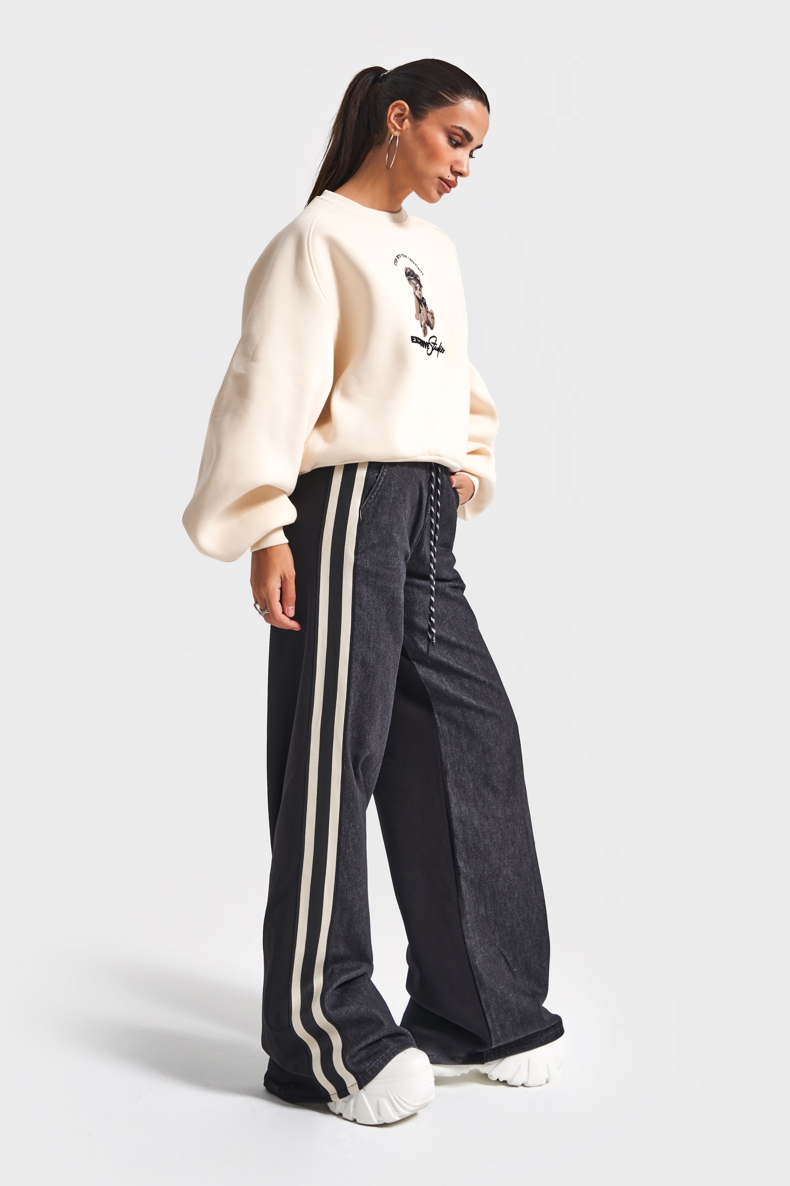 Kadın Bej Siyah Kot Rengi w5-105 Tasarım Sweatshirt Pantolon 2'li Kombin Takım