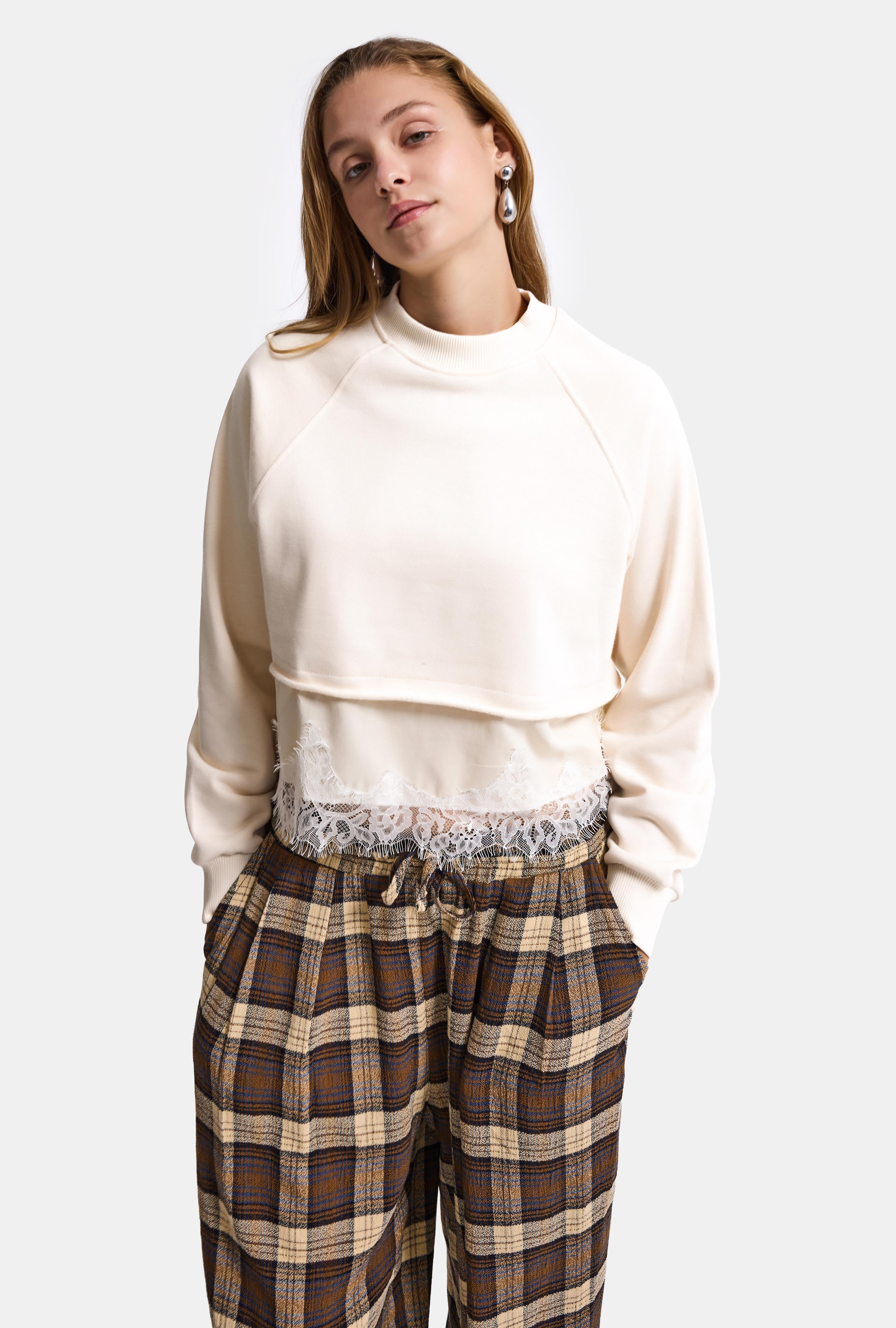 Kadın Bej w6-105 Dantel Detaylı Bol Kesim Tasarım Sweatshirt
