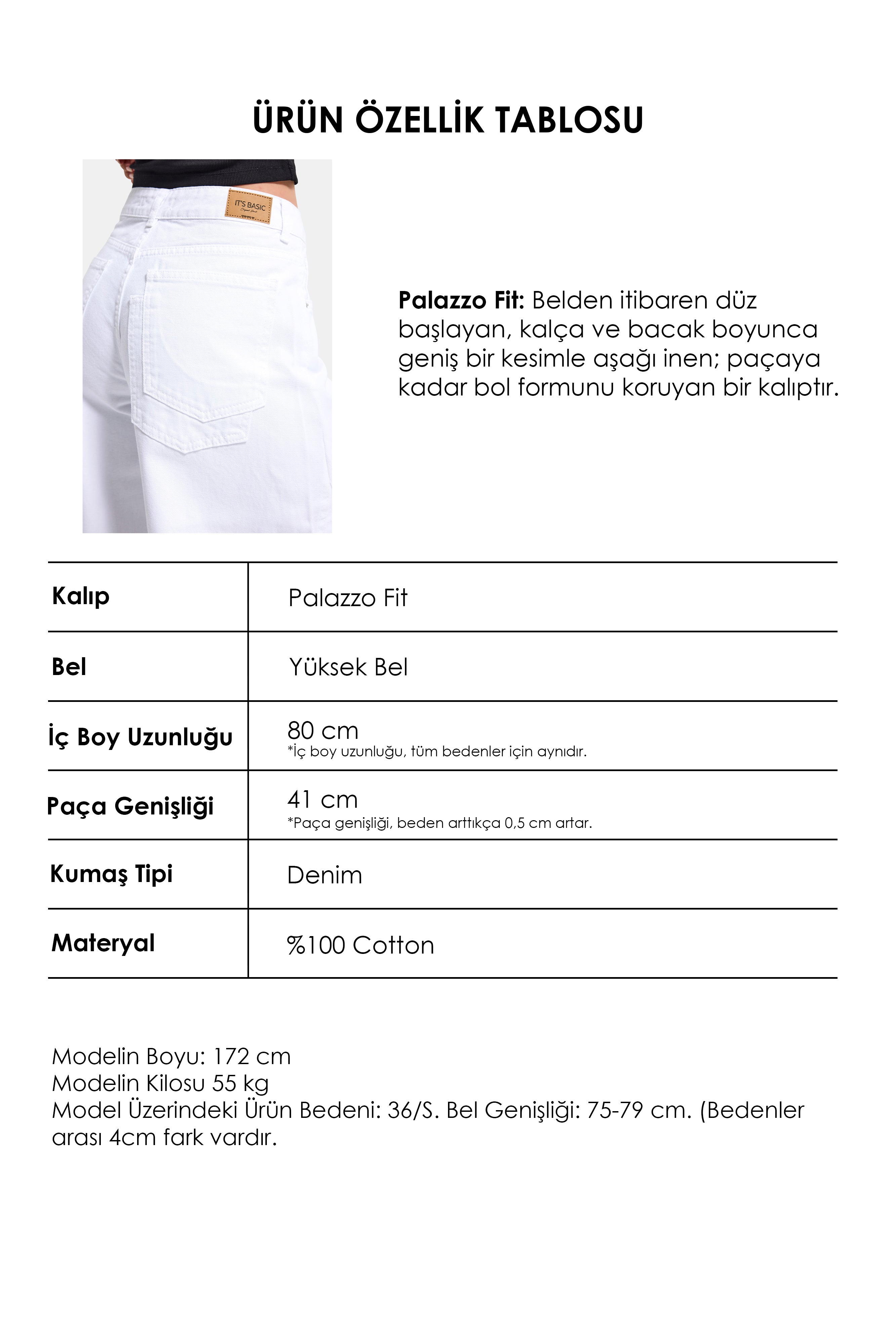Kadın Beyaz 5s6-2 Palazzo Fit Yan Panel Detaylı Özel Tasarım Denim Jean