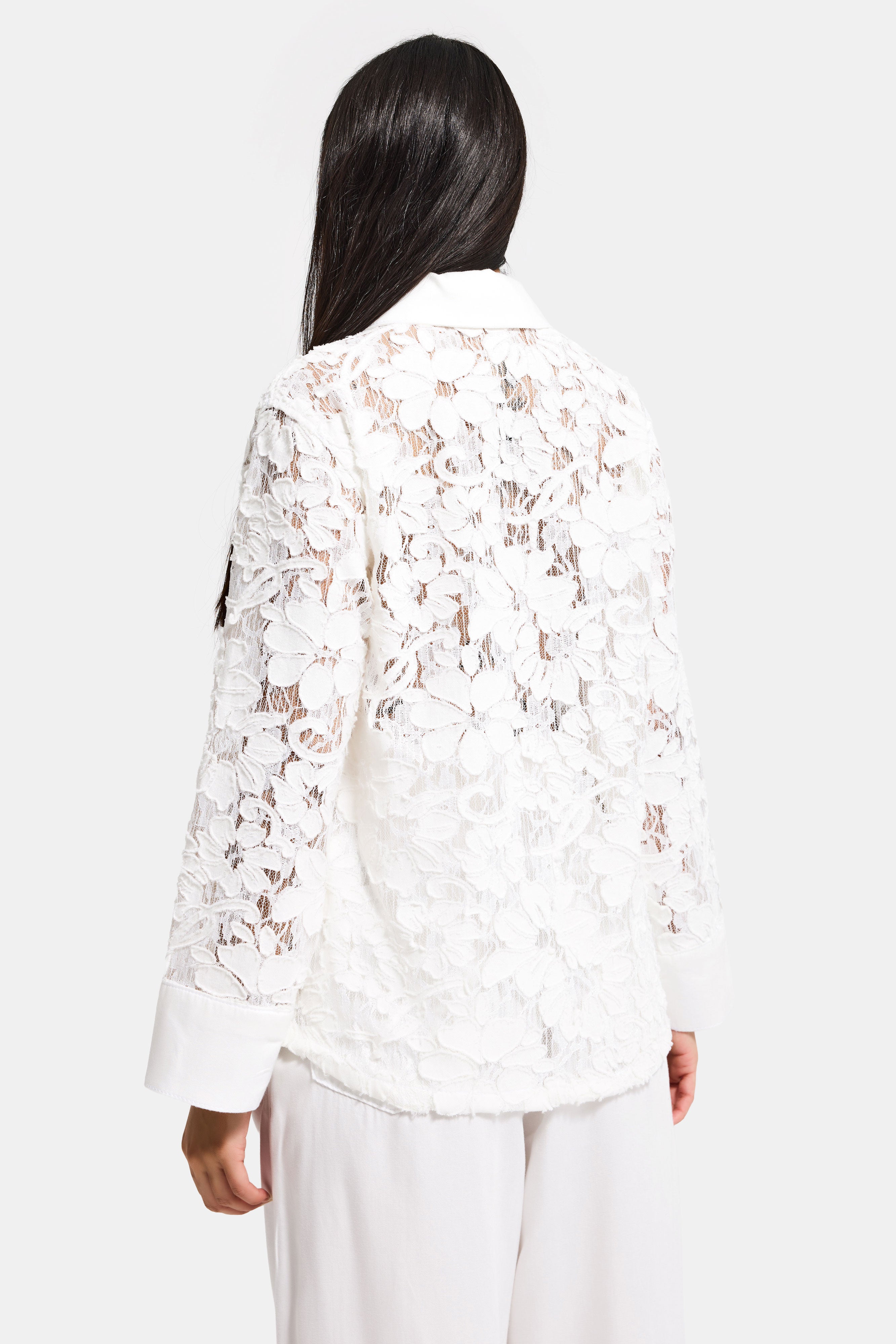 Women's White 7s6-2 Oversized Lace Embroidered Floral Detail Custom Design Denim Jacket