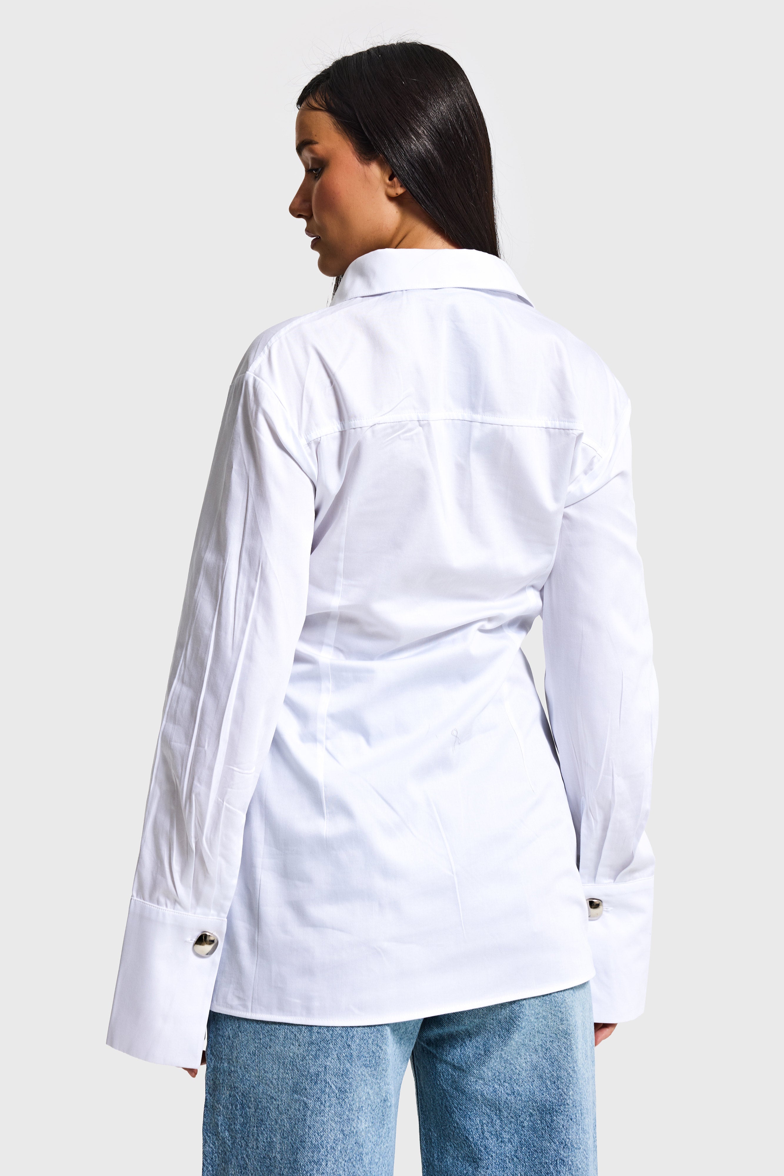 Kadın Beyaz Kimona Stil Bağlamalı Tasarım Gömlek