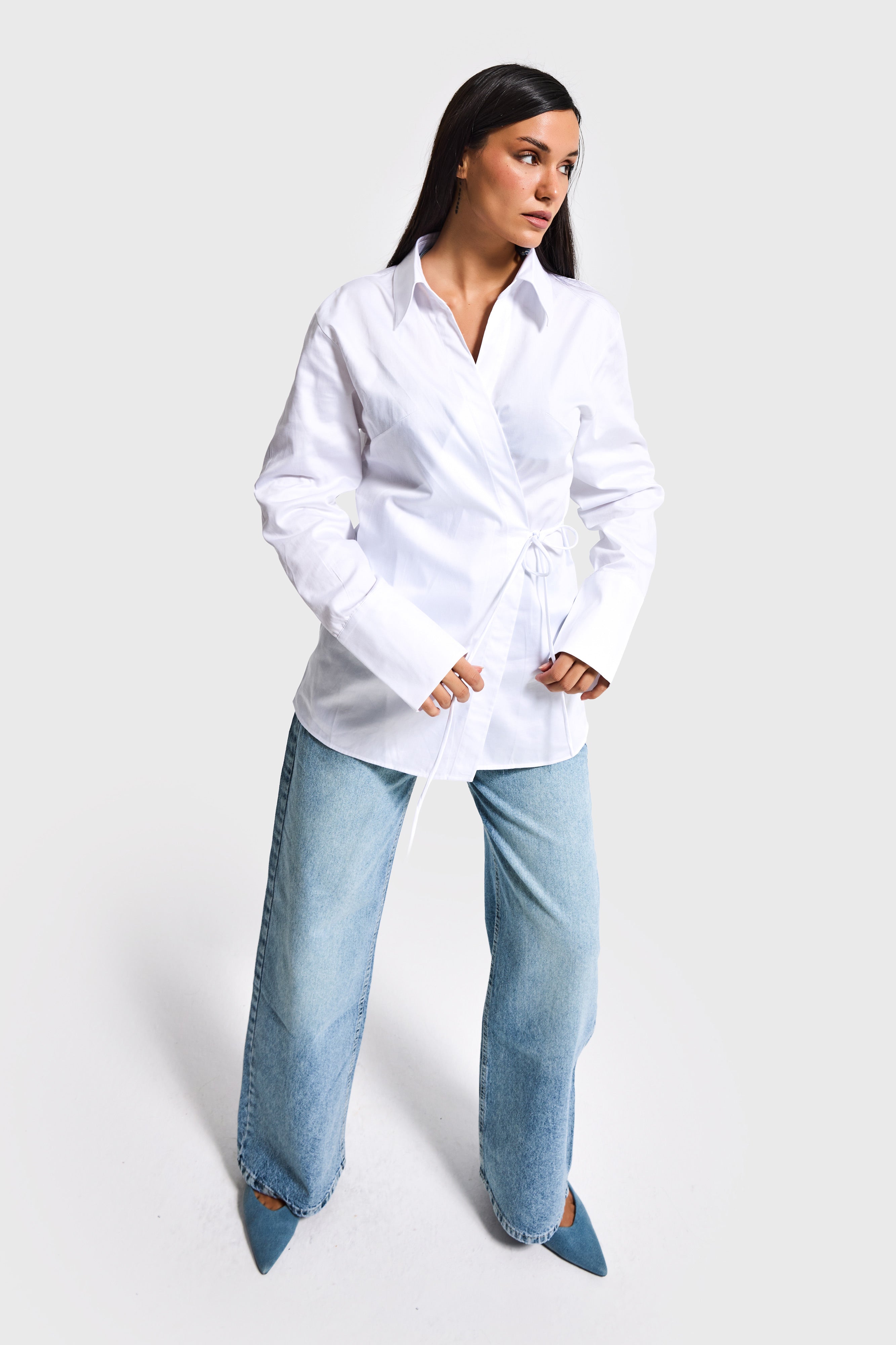 Kadın Beyaz Kimona Stil Bağlamalı Tasarım Gömlek
