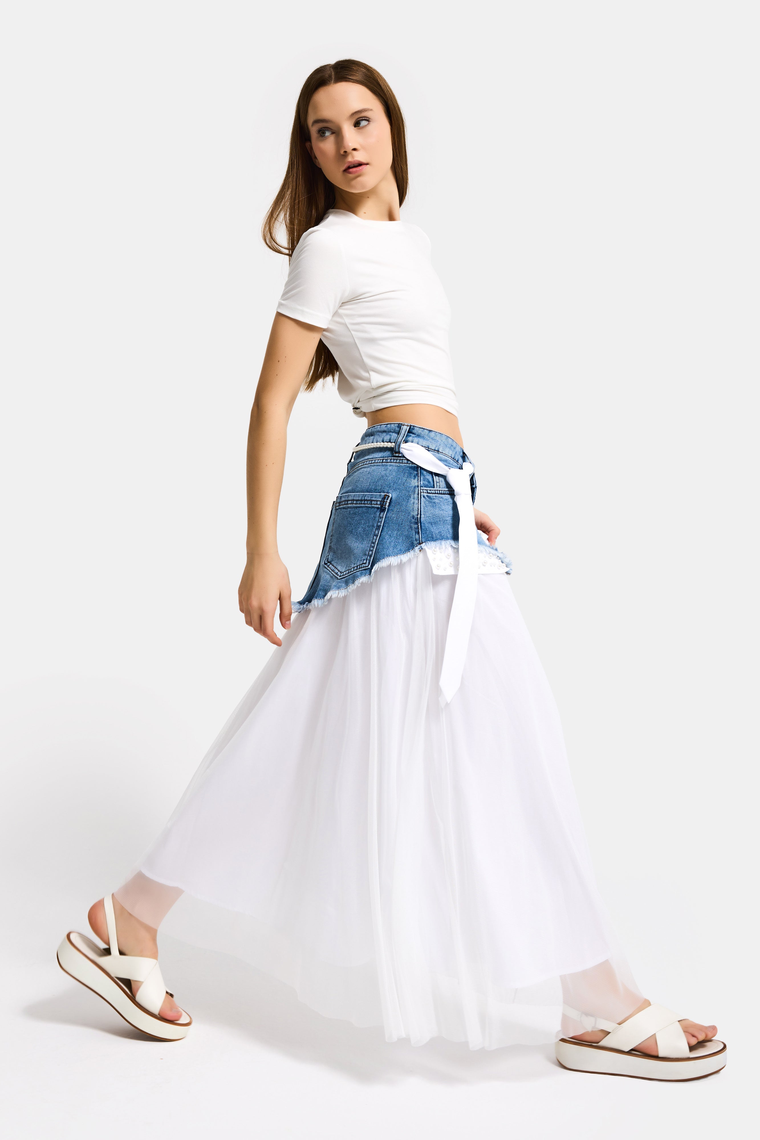 Kadın Beyaz Kot Rengi Maxi Boy Kravat Detaylı Özel Tasarım Etek