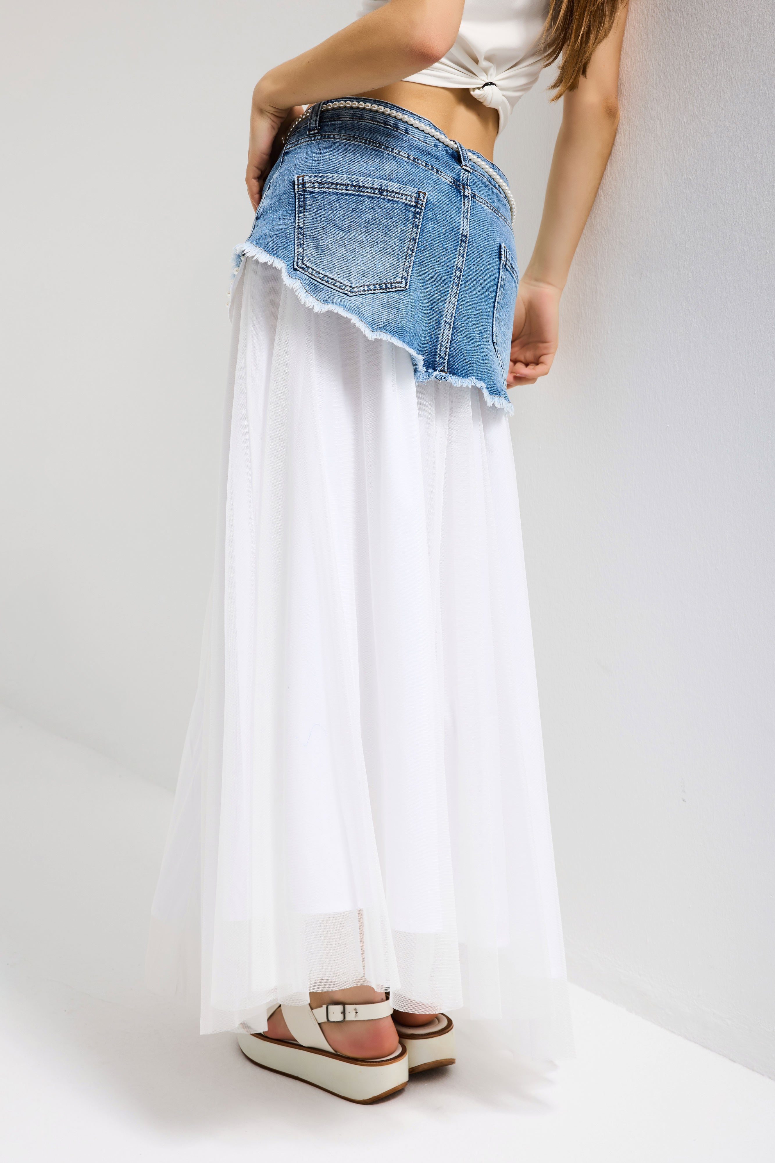 Kadın Beyaz Kot Rengi Maxi Boy Kravat Detaylı Özel Tasarım Etek