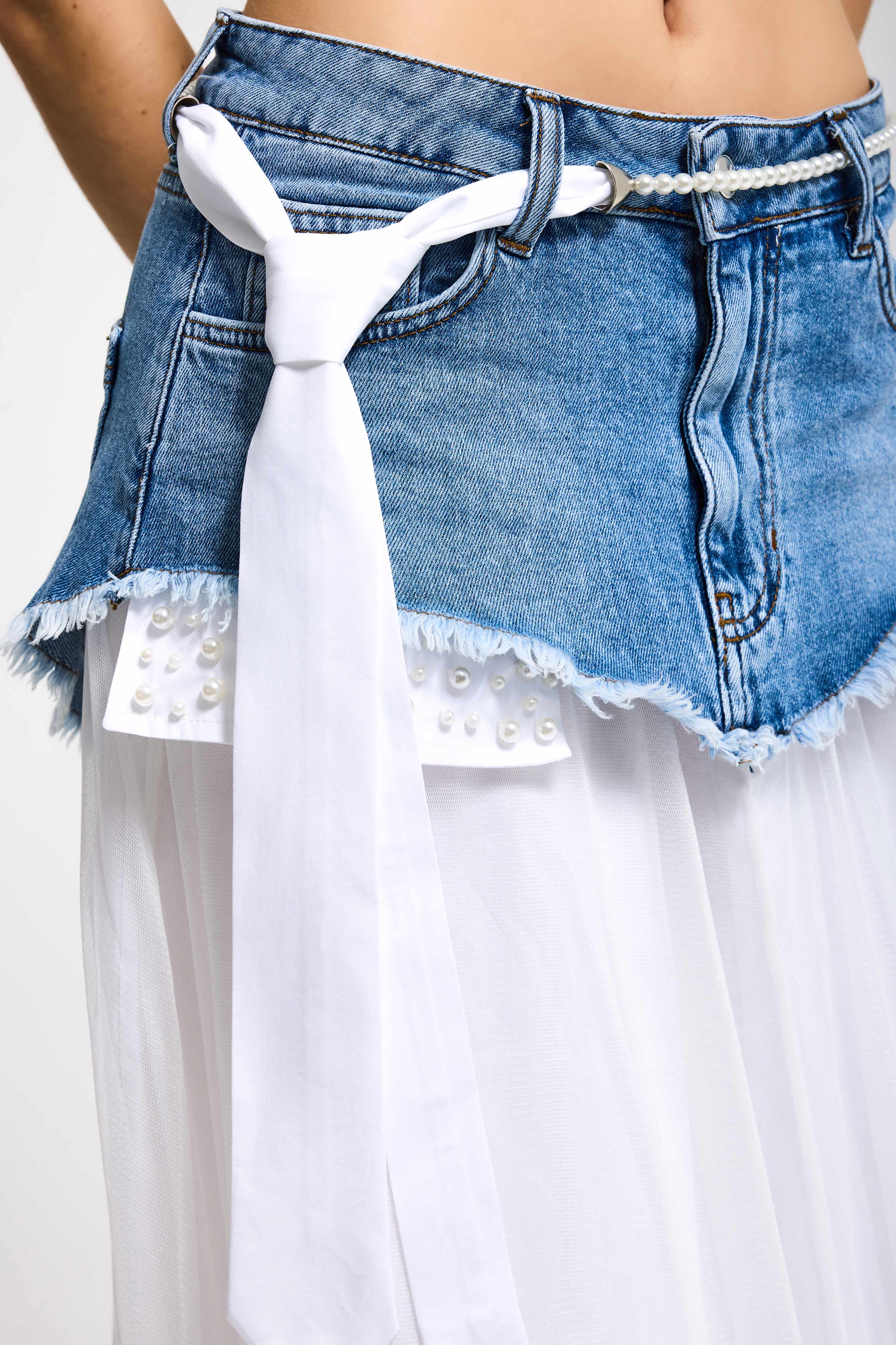 Kadın Beyaz Kot Rengi Maxi Boy Kravat Detaylı Özel Tasarım Etek