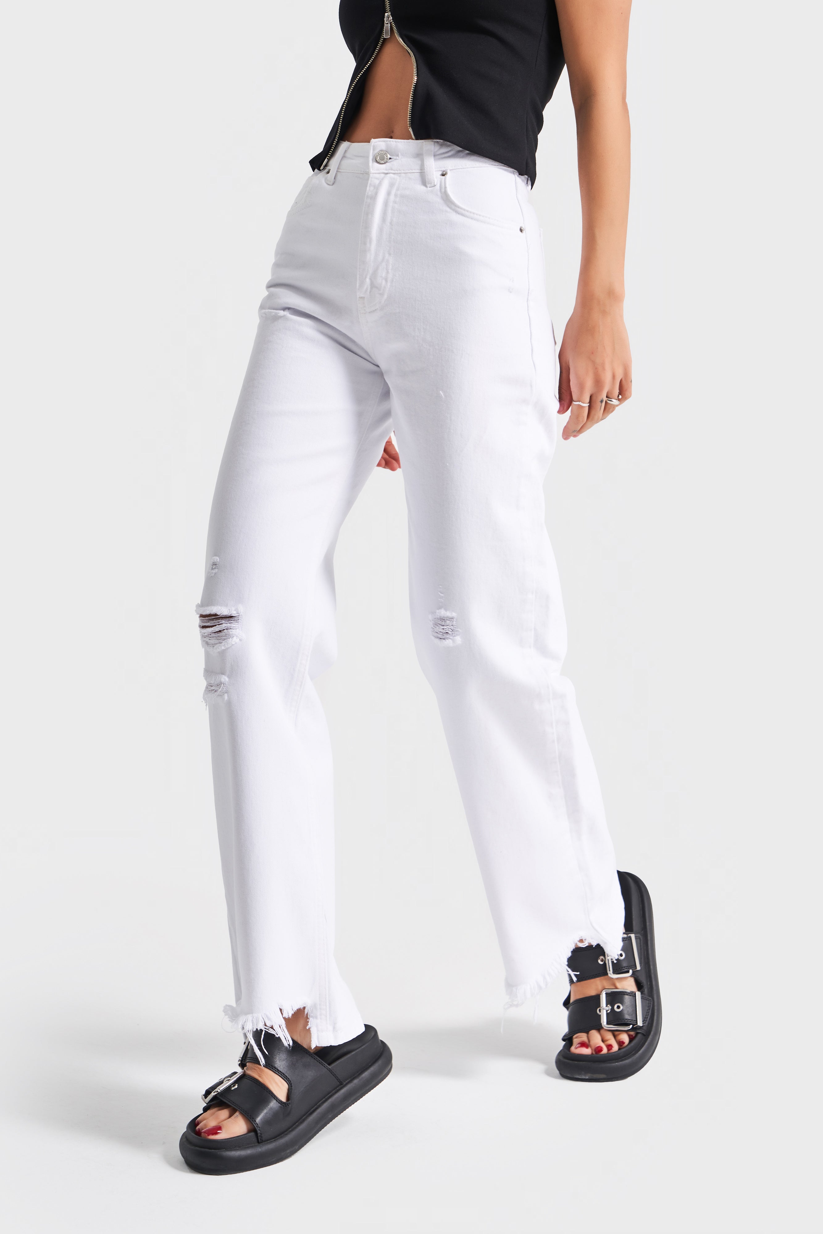 Kadın Beyaz Renk Doris 13s5-2 Straight Fit Yüksek Bel %100 Koton Yırtık Detaylı Denim Jean