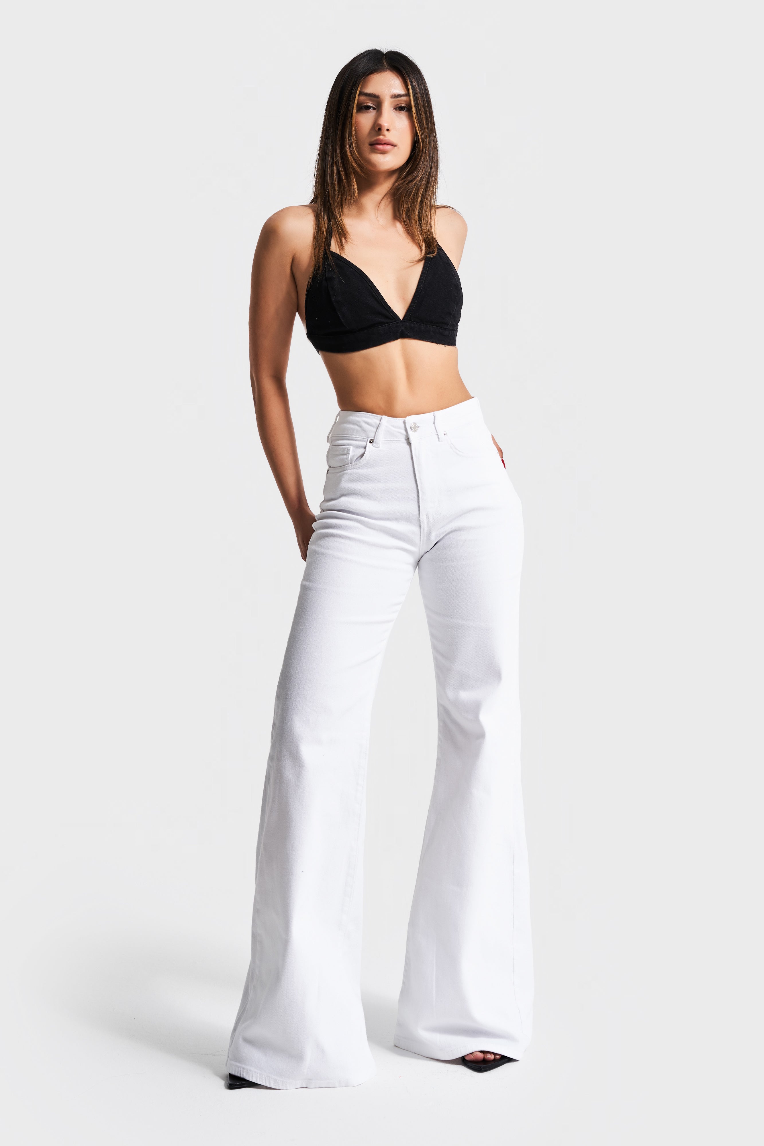 Женские джинсы белого цвета 5s5-2, расклешенный крой, широкие брюки, 100% хлопок, непрозрачные