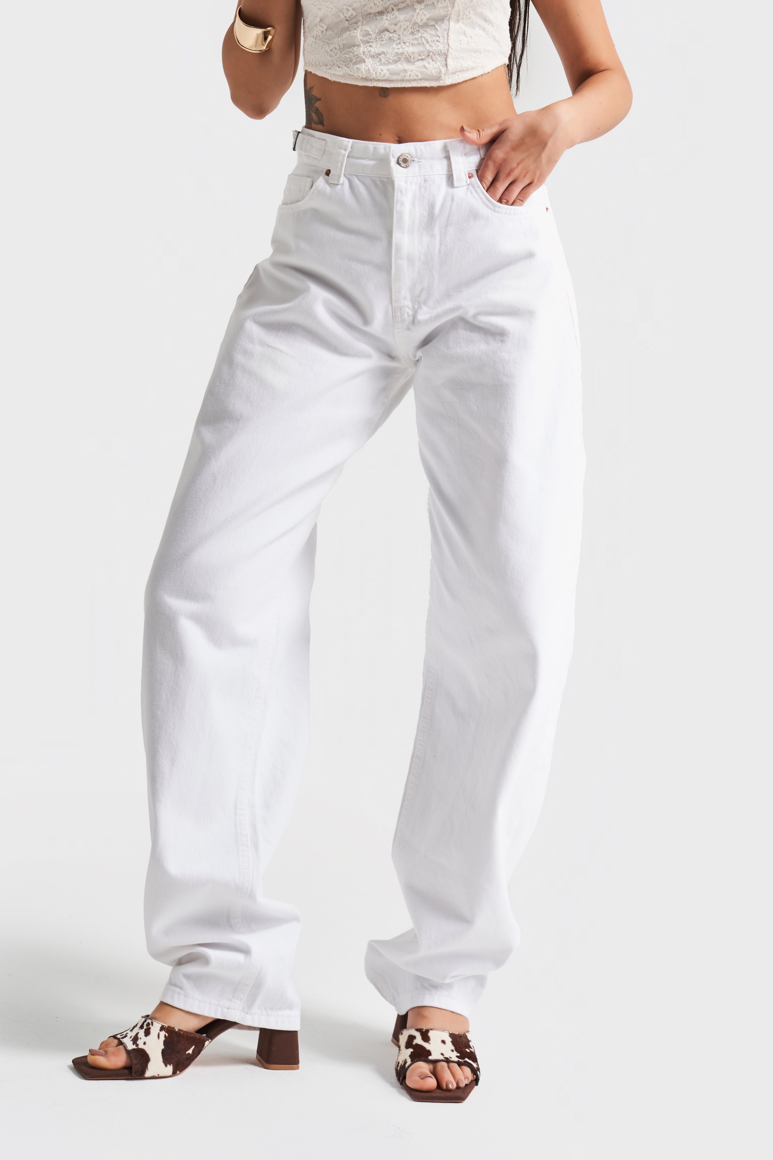 Women's White Color Baggy Fit Super Long Denim
