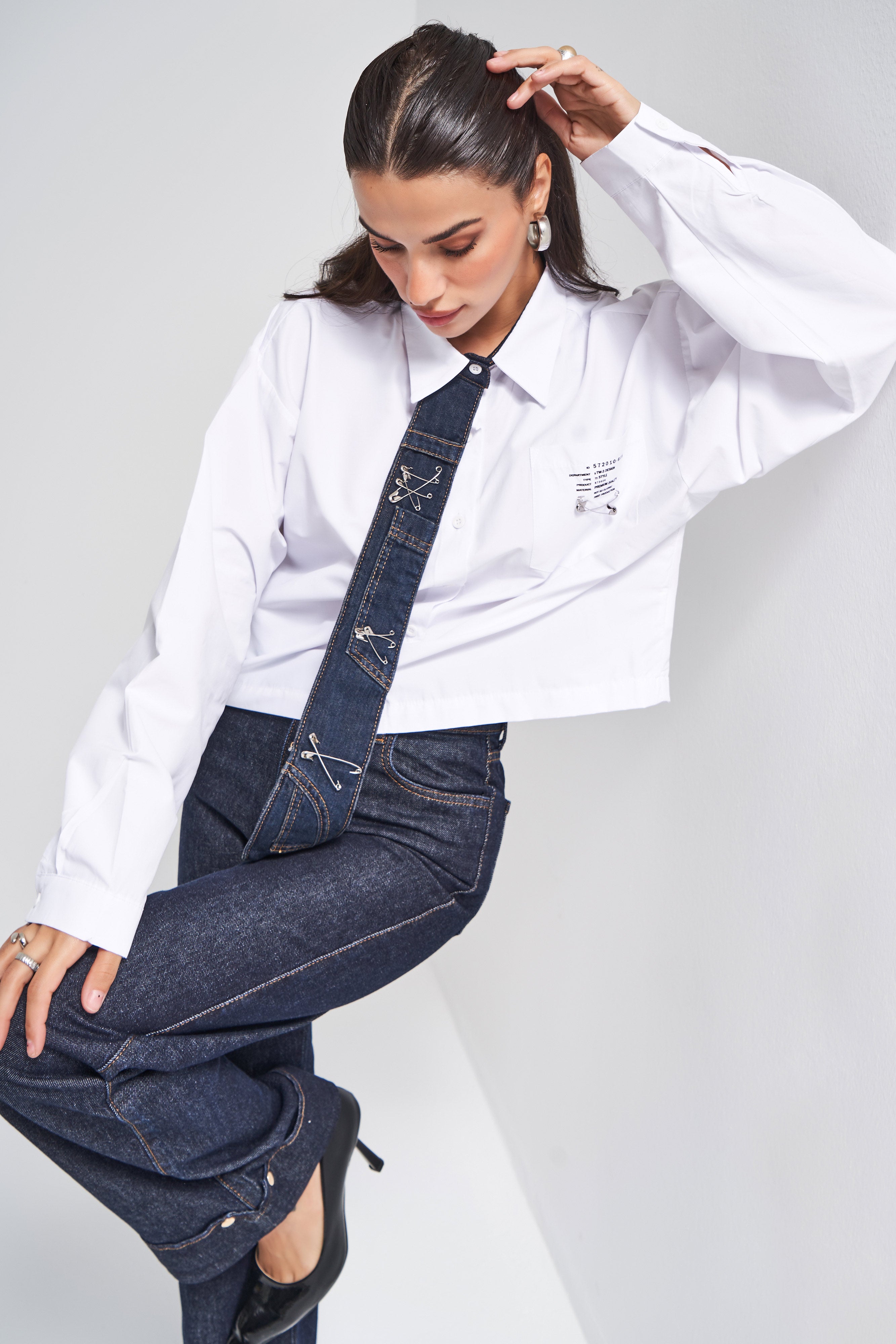 Women's White Loose Fit Tie Detail Custom Design Shirt