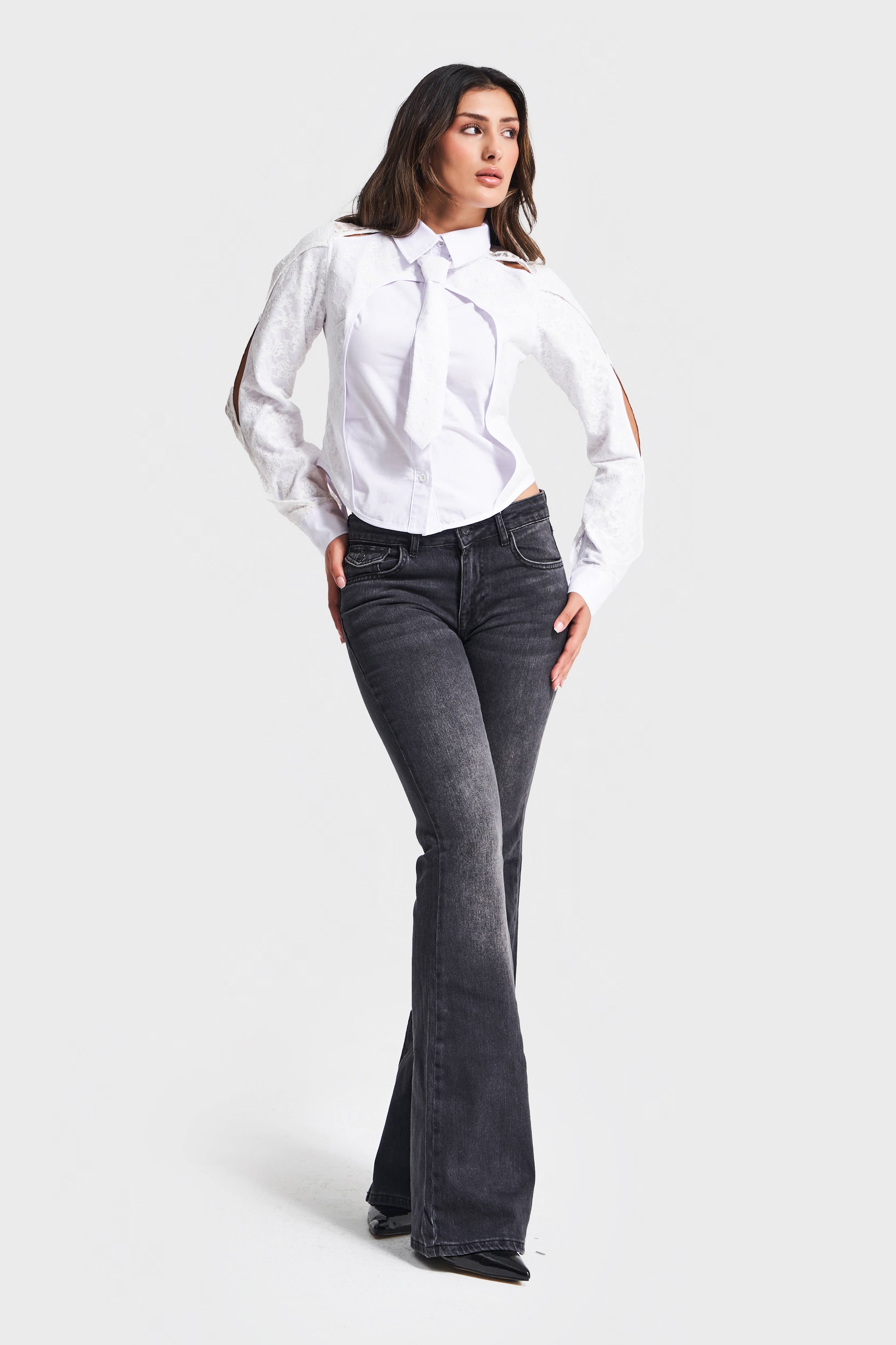 Women's White Special Design Shirt with Lace and Tie Details