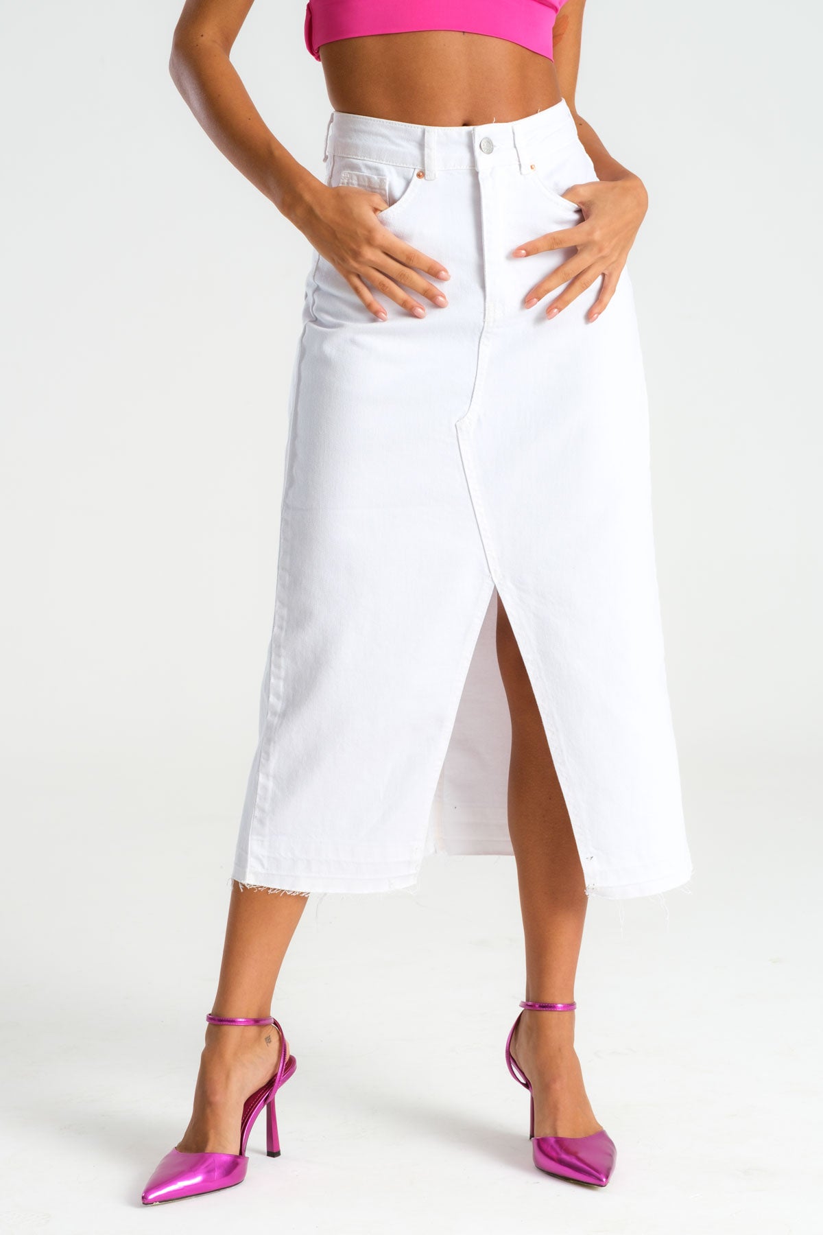 Women's White Color Deep Slit High Waist Long Denim Skirt