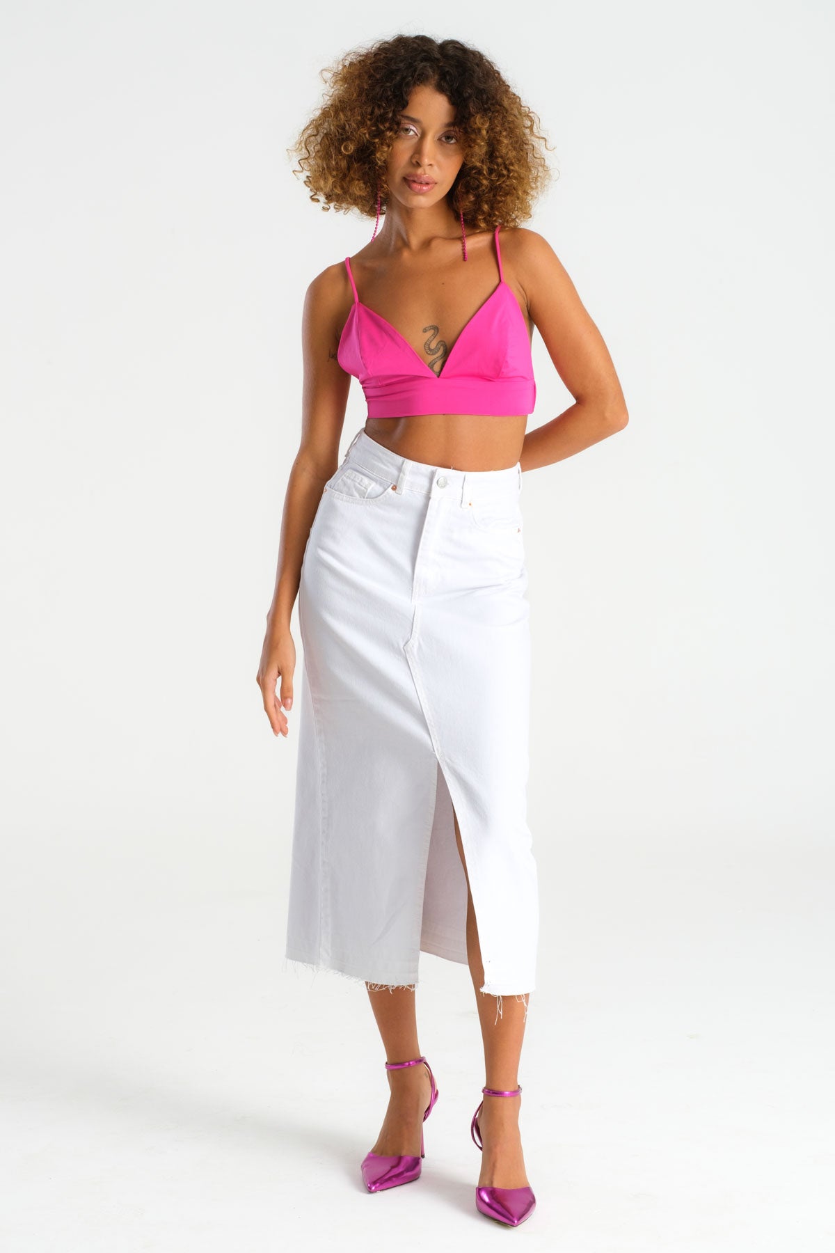 Women's White Color Deep Slit High Waist Long Denim Skirt