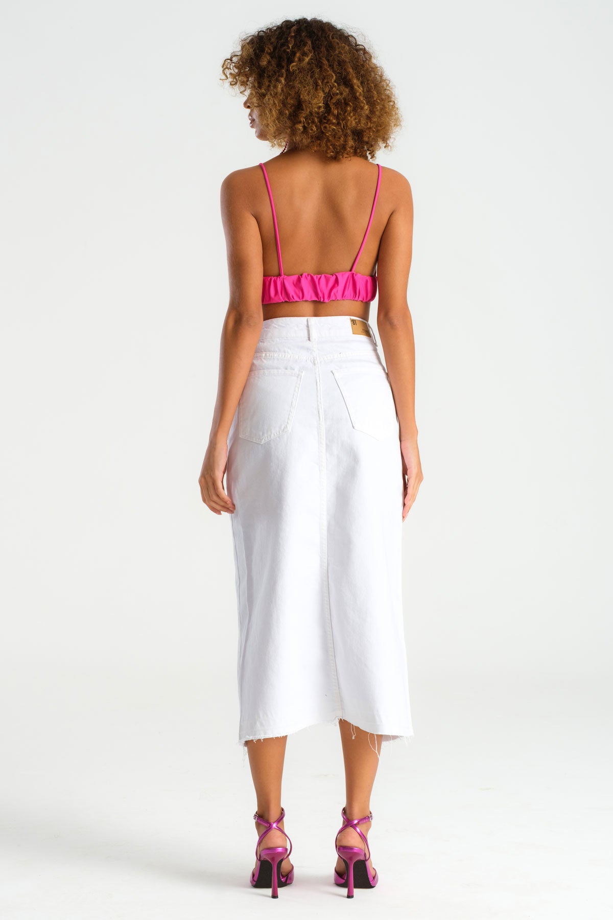 Women's White Color Deep Slit High Waist Long Denim Skirt