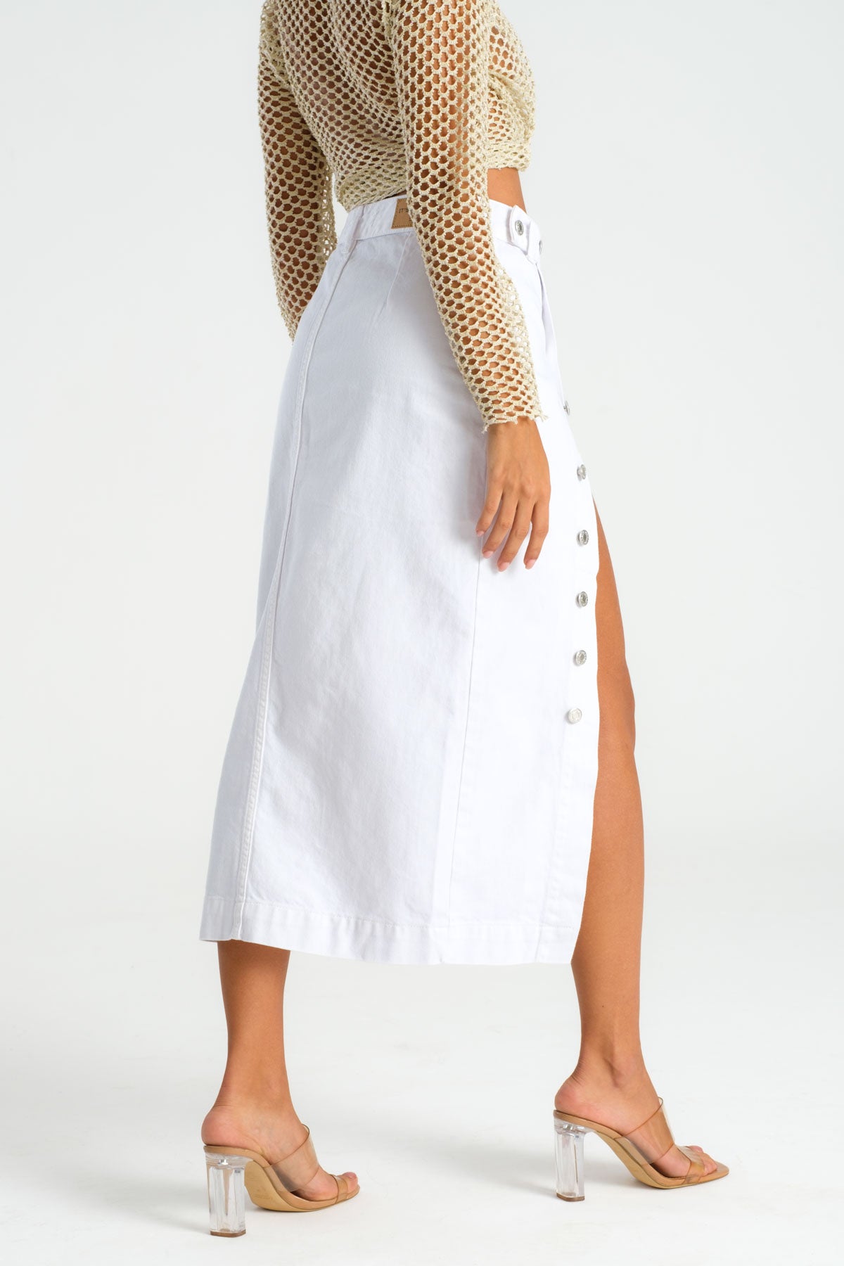 Women's White Color Front Buttoned Maxi Length Denim Skirt