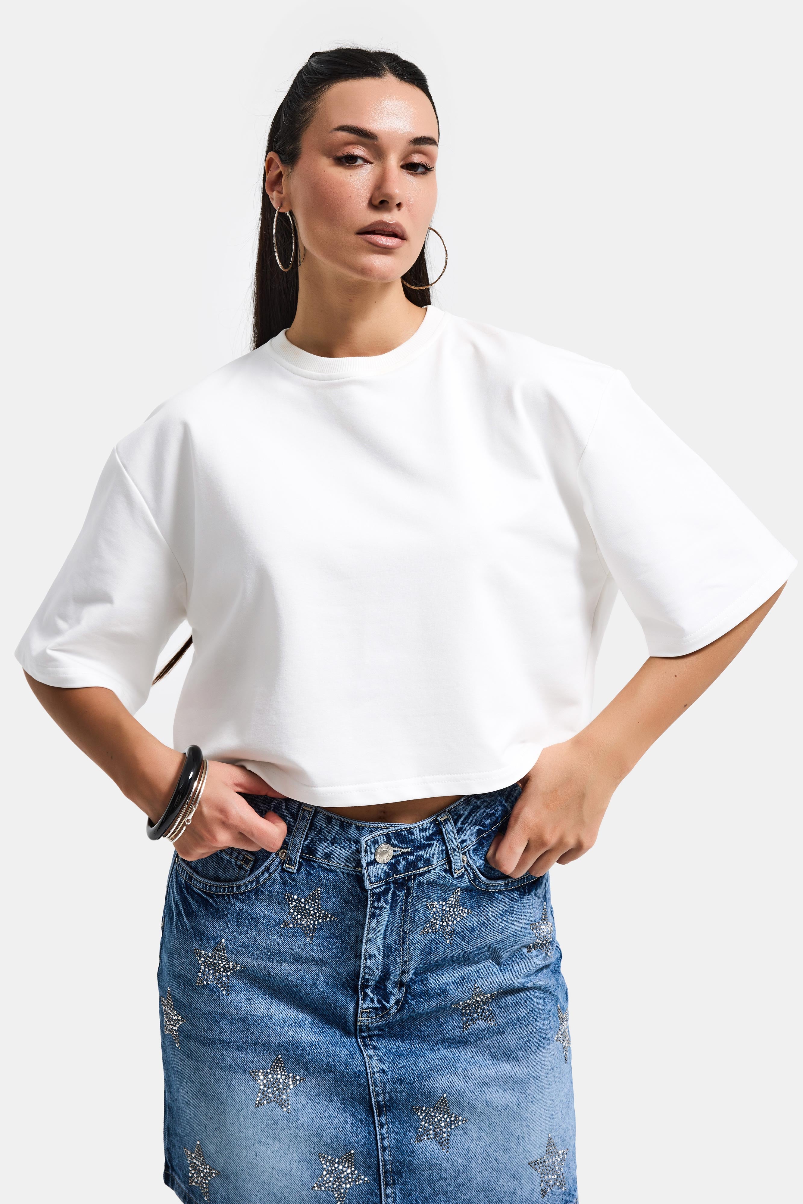 Kadın Kırık Beyaz Renk s6-101 Oversize Bol Kesim T-Shirt