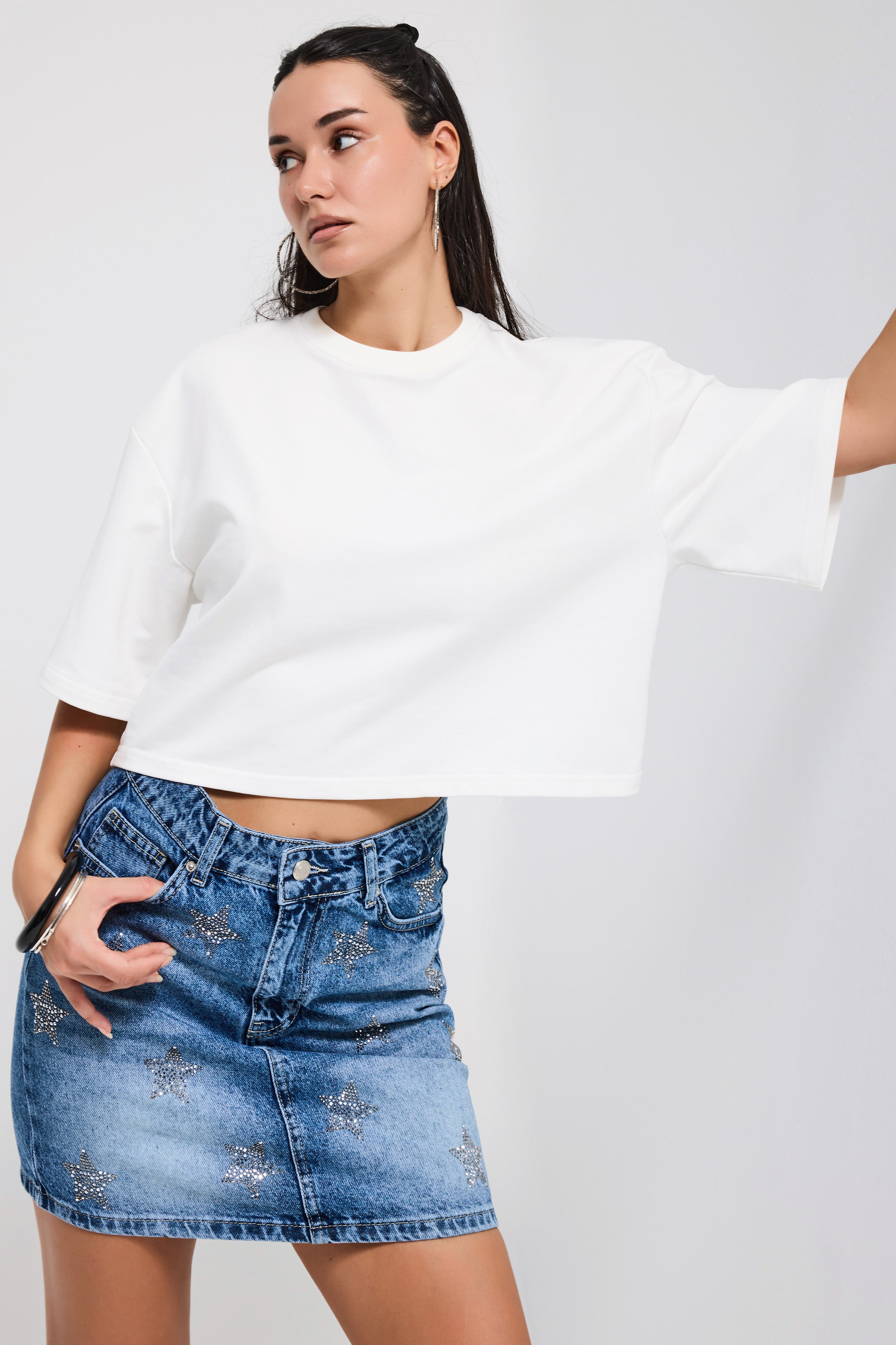 Kadın Kırık Beyaz Renk s6-101 Oversize Bol Kesim T-Shirt
