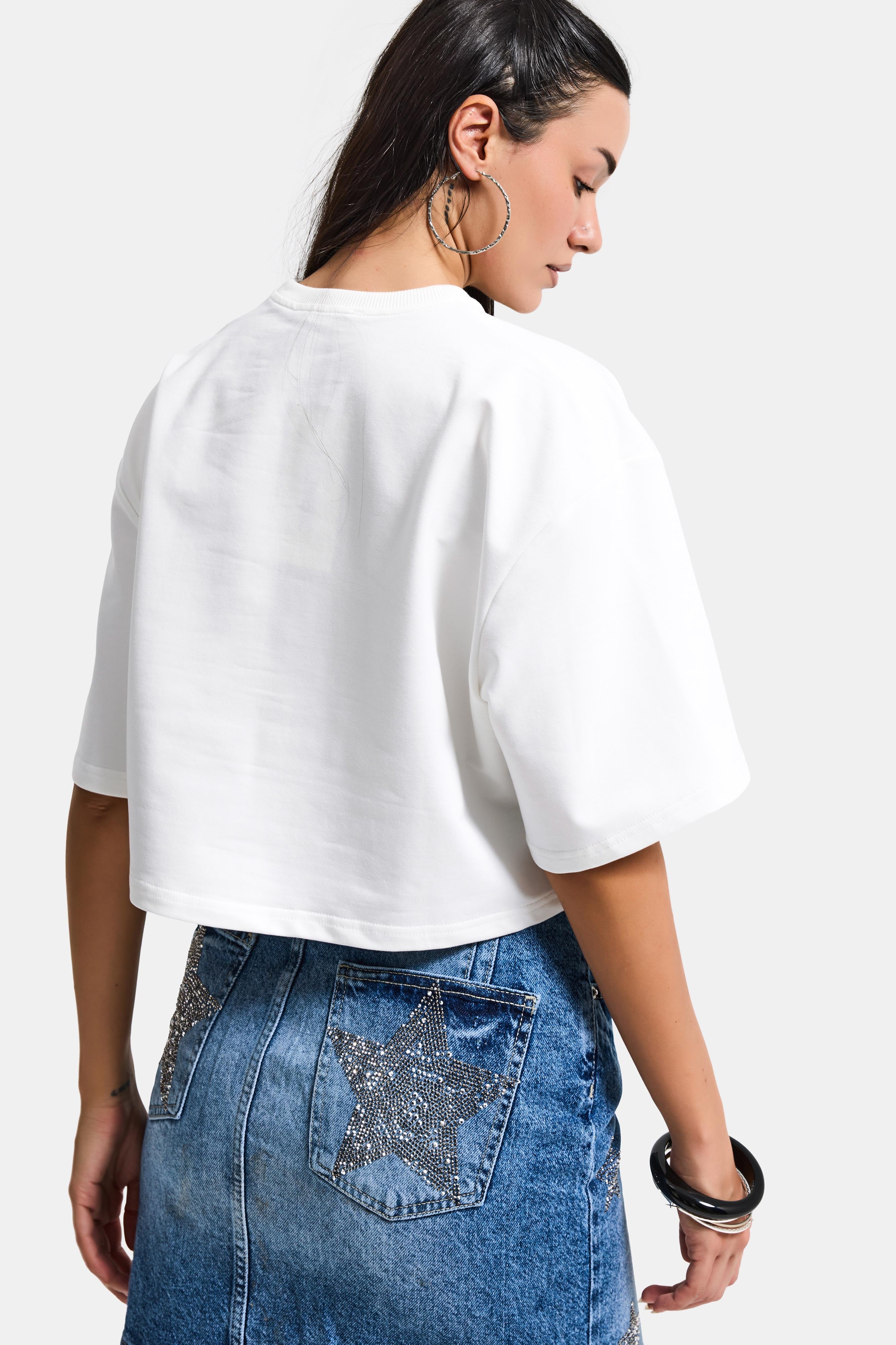 Kadın Kırık Beyaz Renk s6-101 Oversize Bol Kesim T-Shirt