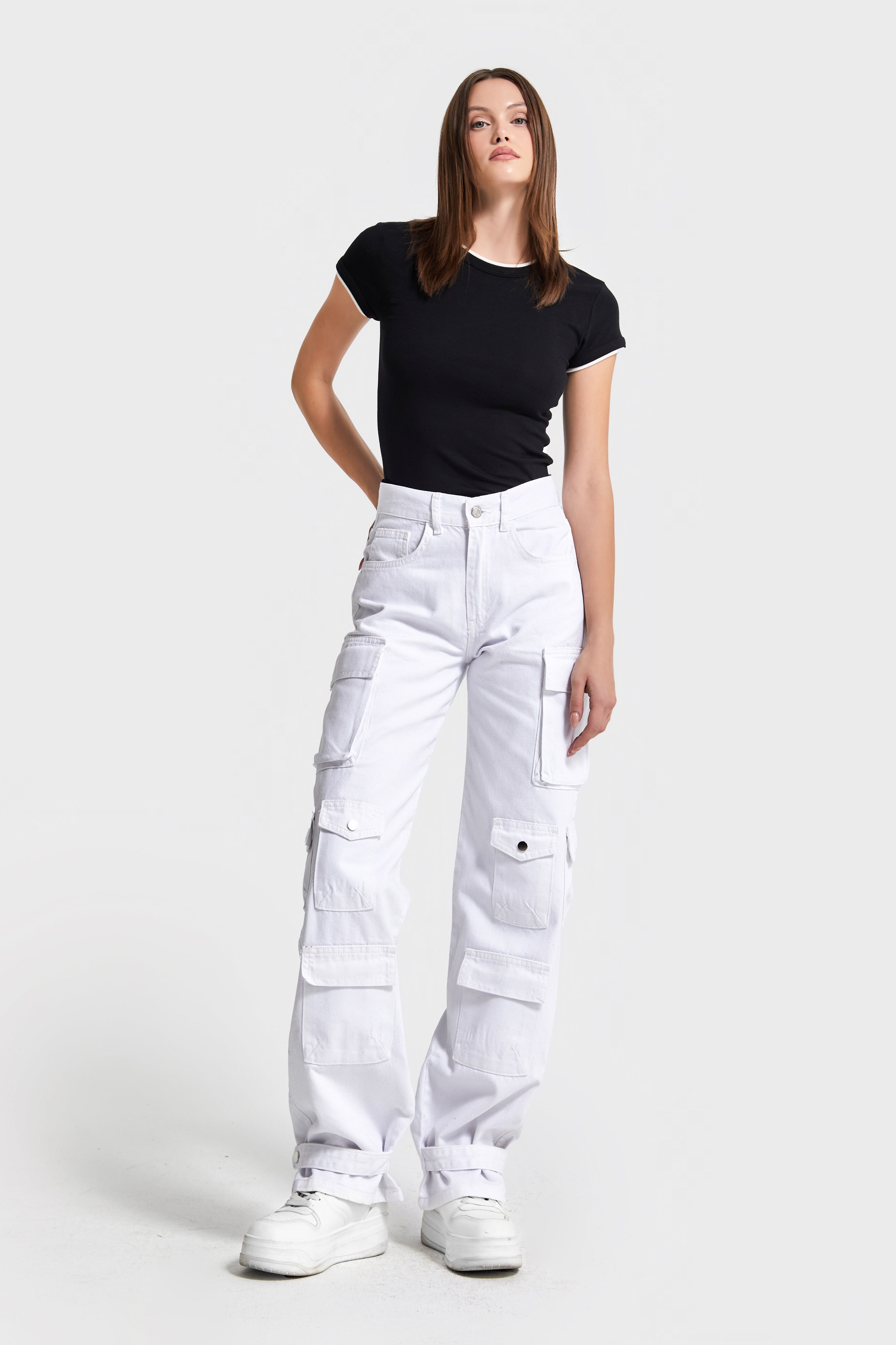 Kadın Beyaz Renk w5-2 Straight Kargo Fit Simli Özel Kumaş Tasarım Denim Jean