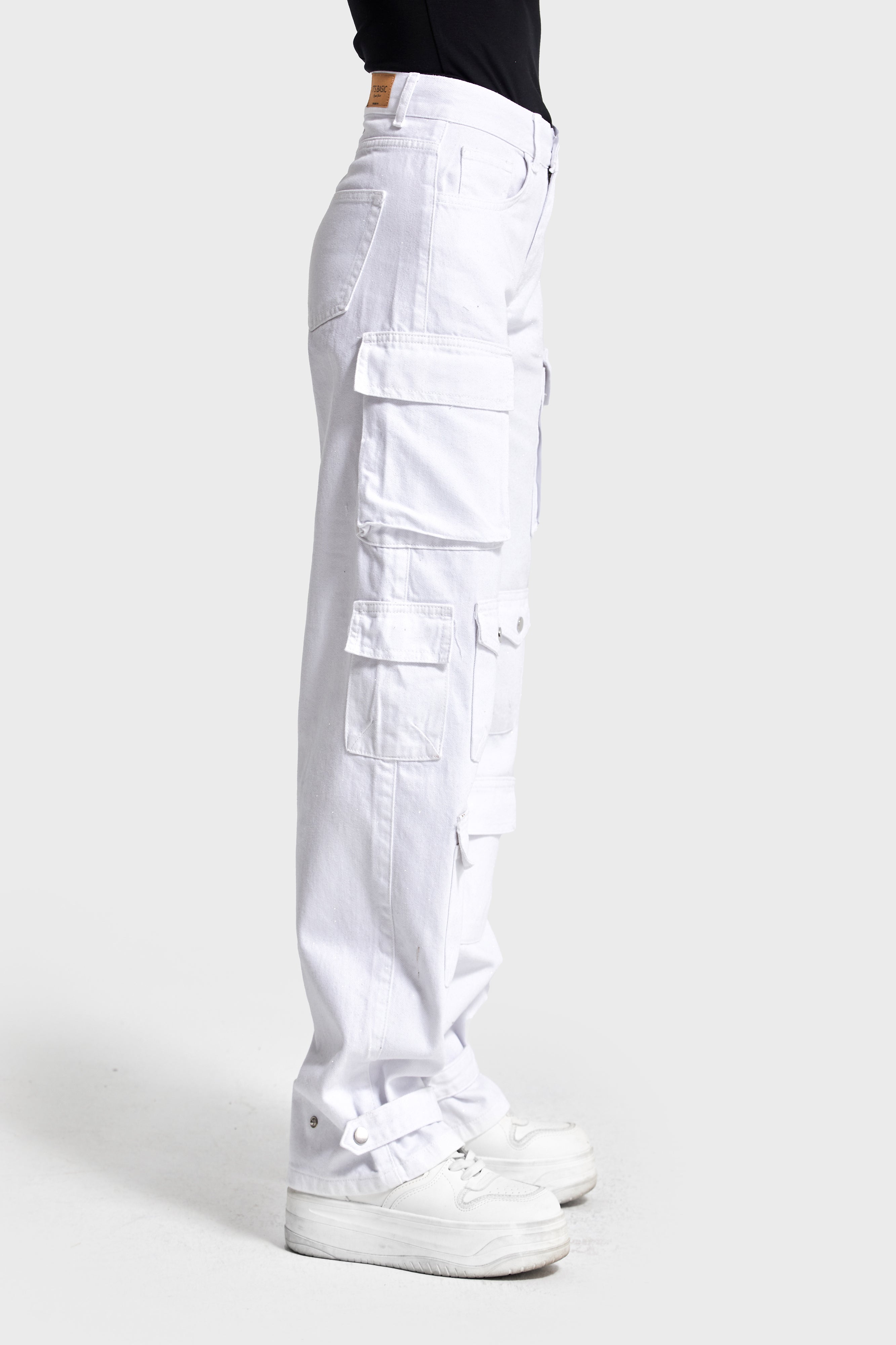 Kadın Beyaz Renk w5-2 Straight Kargo Fit Simli Özel Kumaş Tasarım Denim Jean