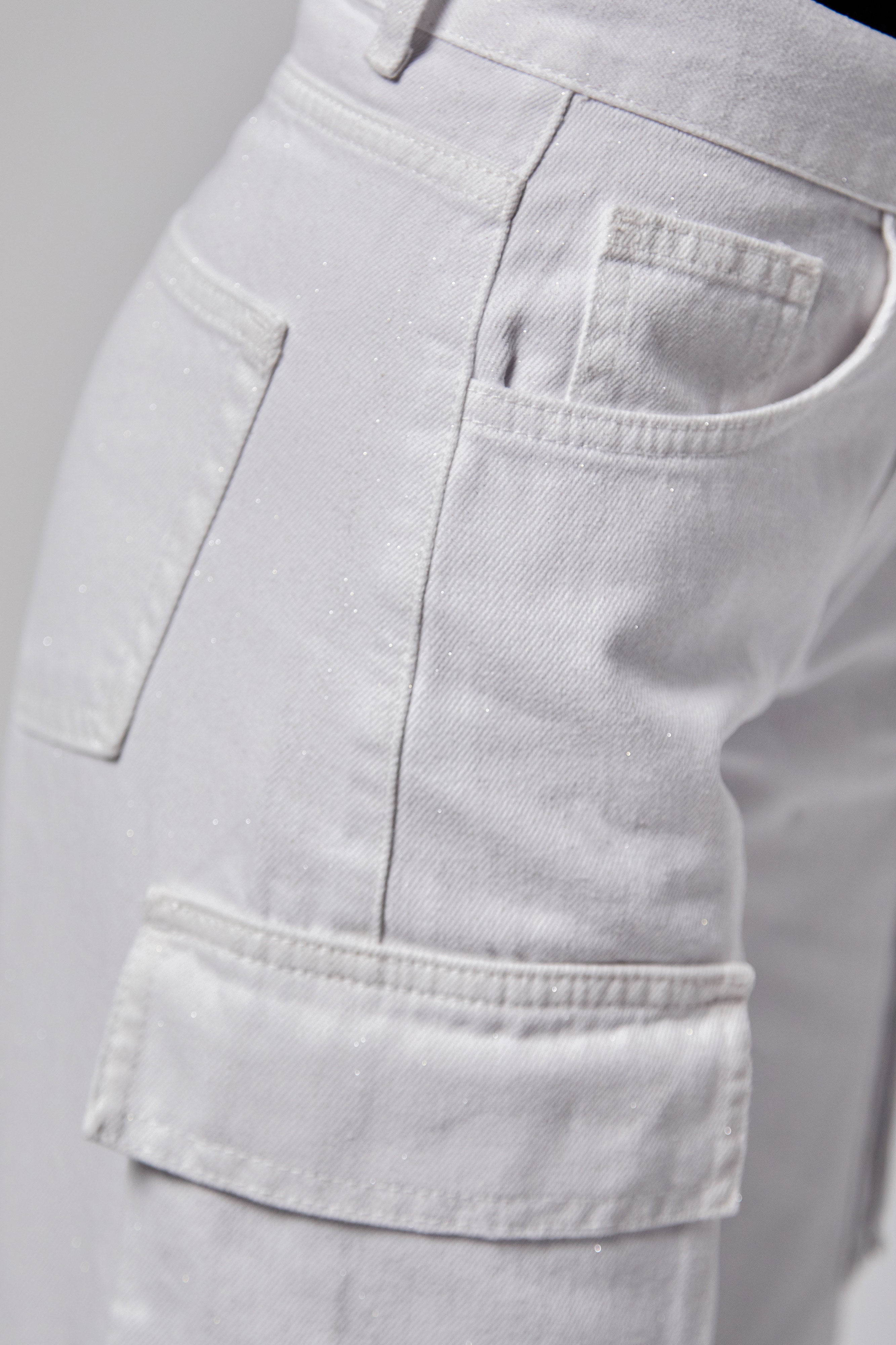 Kadın Beyaz Renk w5-2 Straight Kargo Fit Simli Özel Kumaş Tasarım Denim Jean