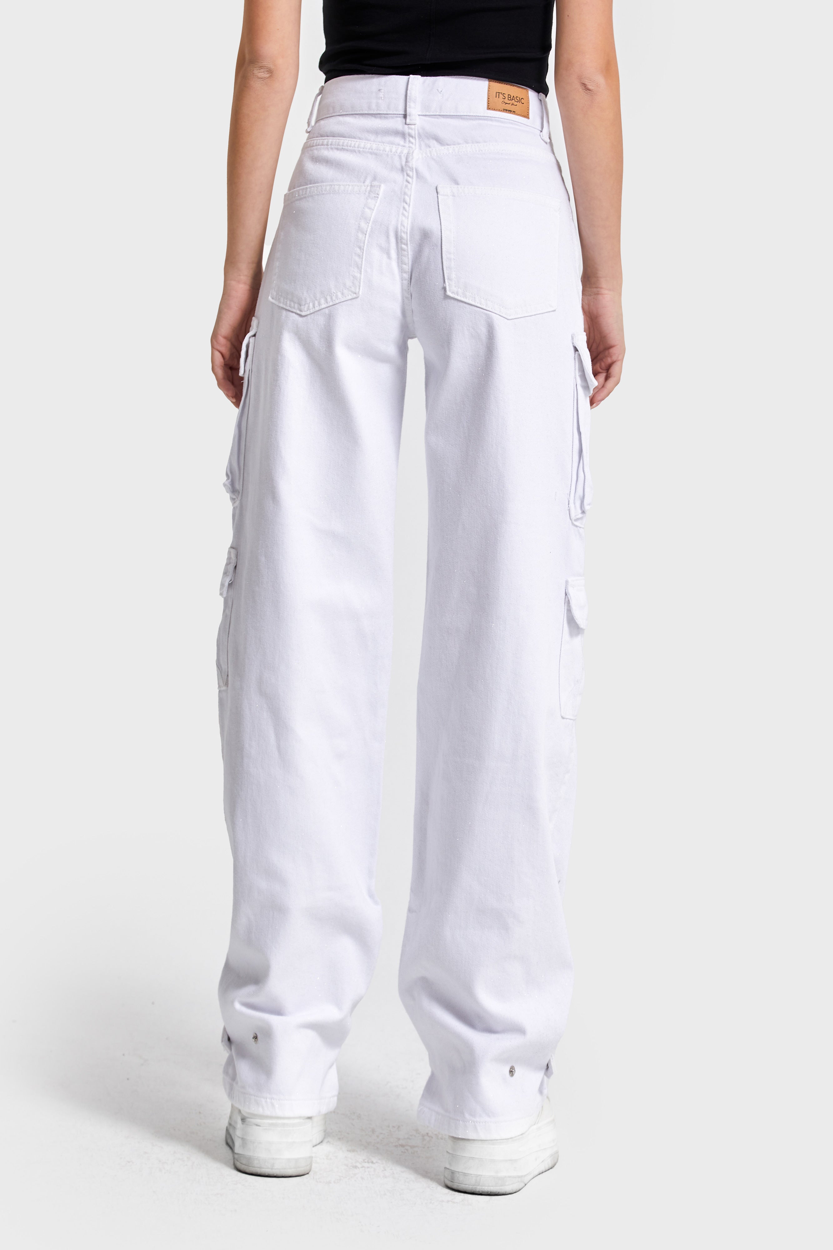 Kadın Beyaz Renk w5-2 Straight Kargo Fit Simli Özel Kumaş Tasarım Denim Jean