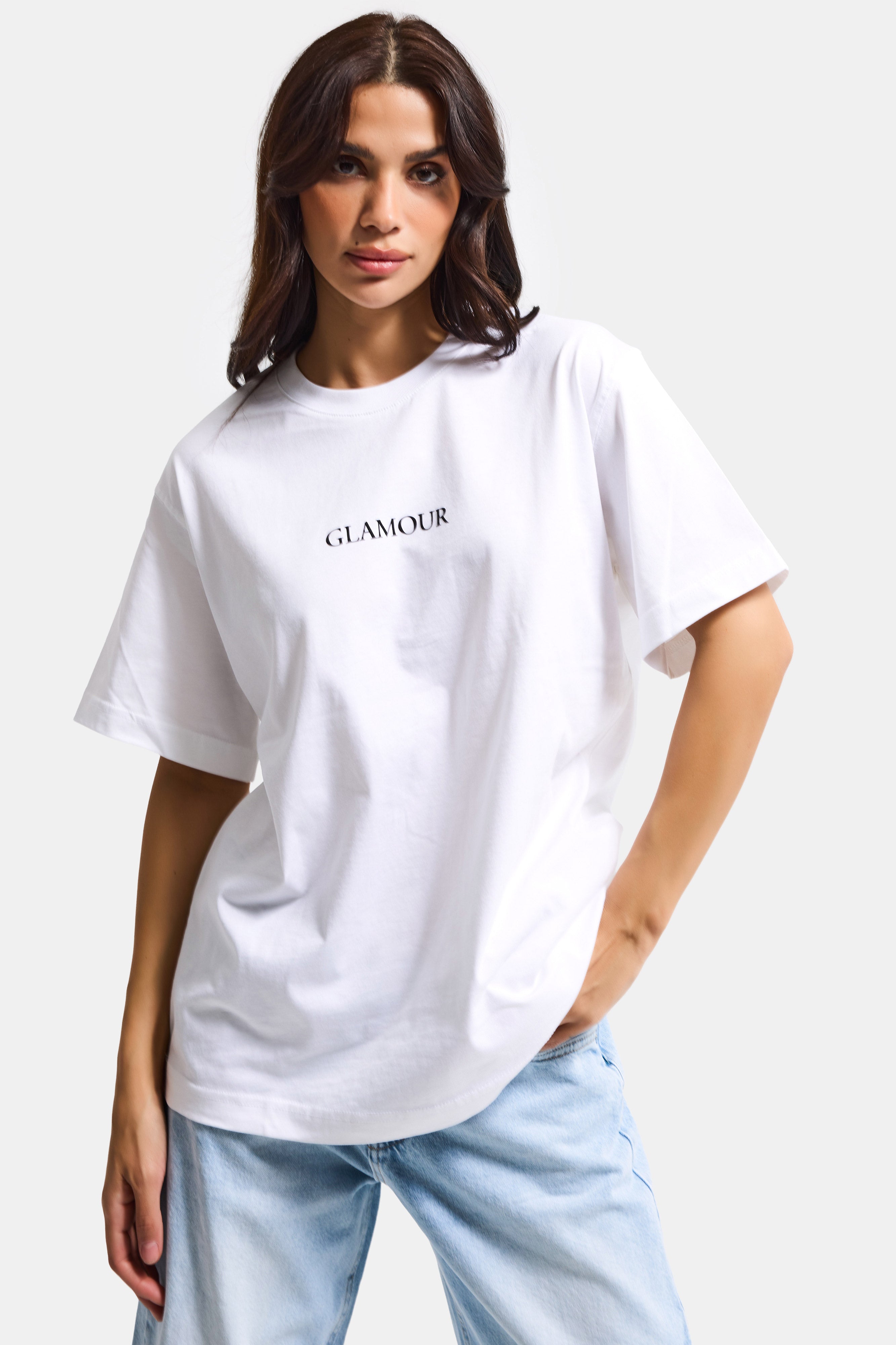 Kadın Beyaz s6-127 Oversize Glamour Baskılı %100 Koton T-Shirt