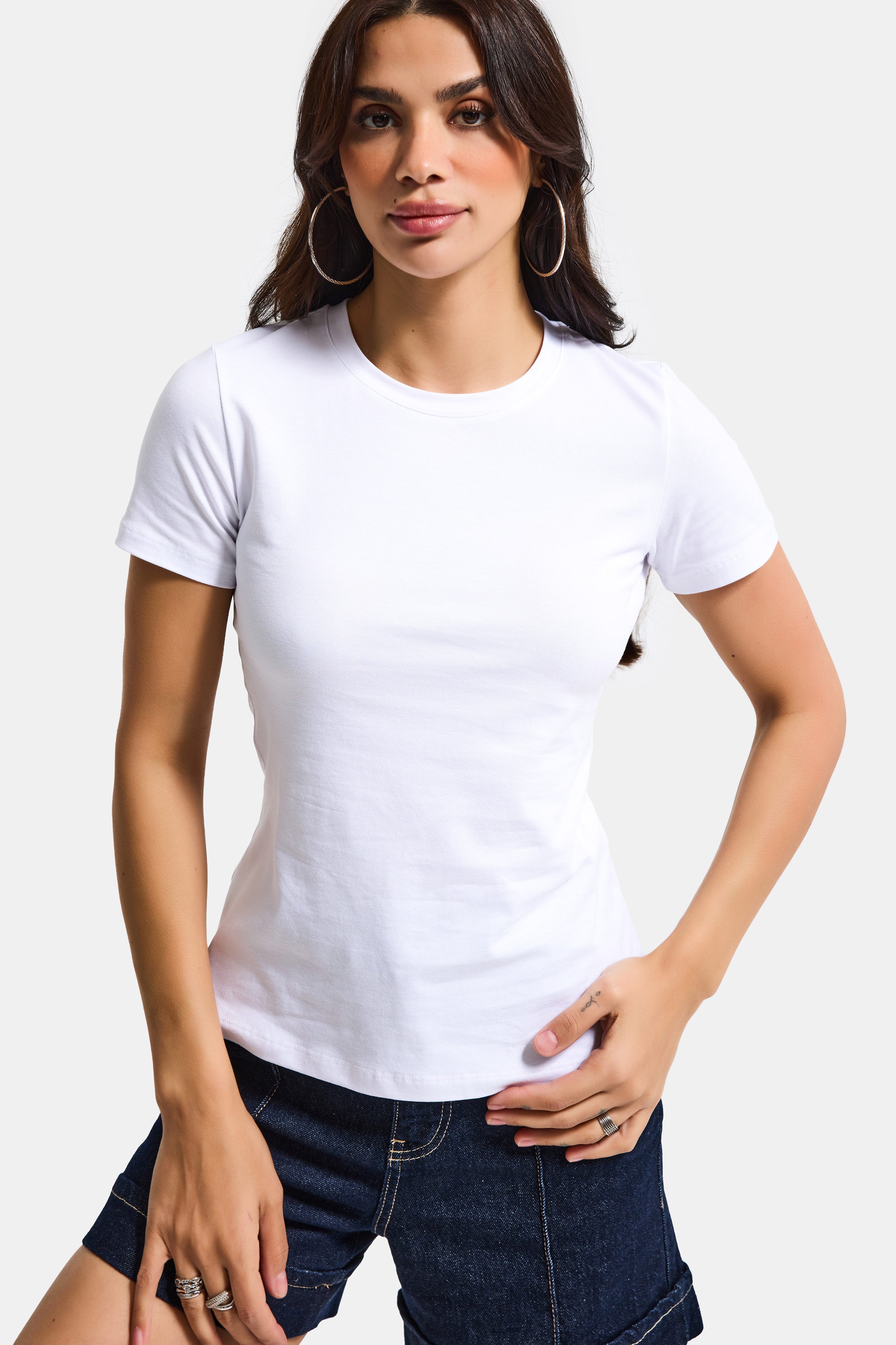 Kadın Beyaz s6-2 Bisiklet Yaka %100 Organik Pamuk Esnek Kumaş T-Shirt