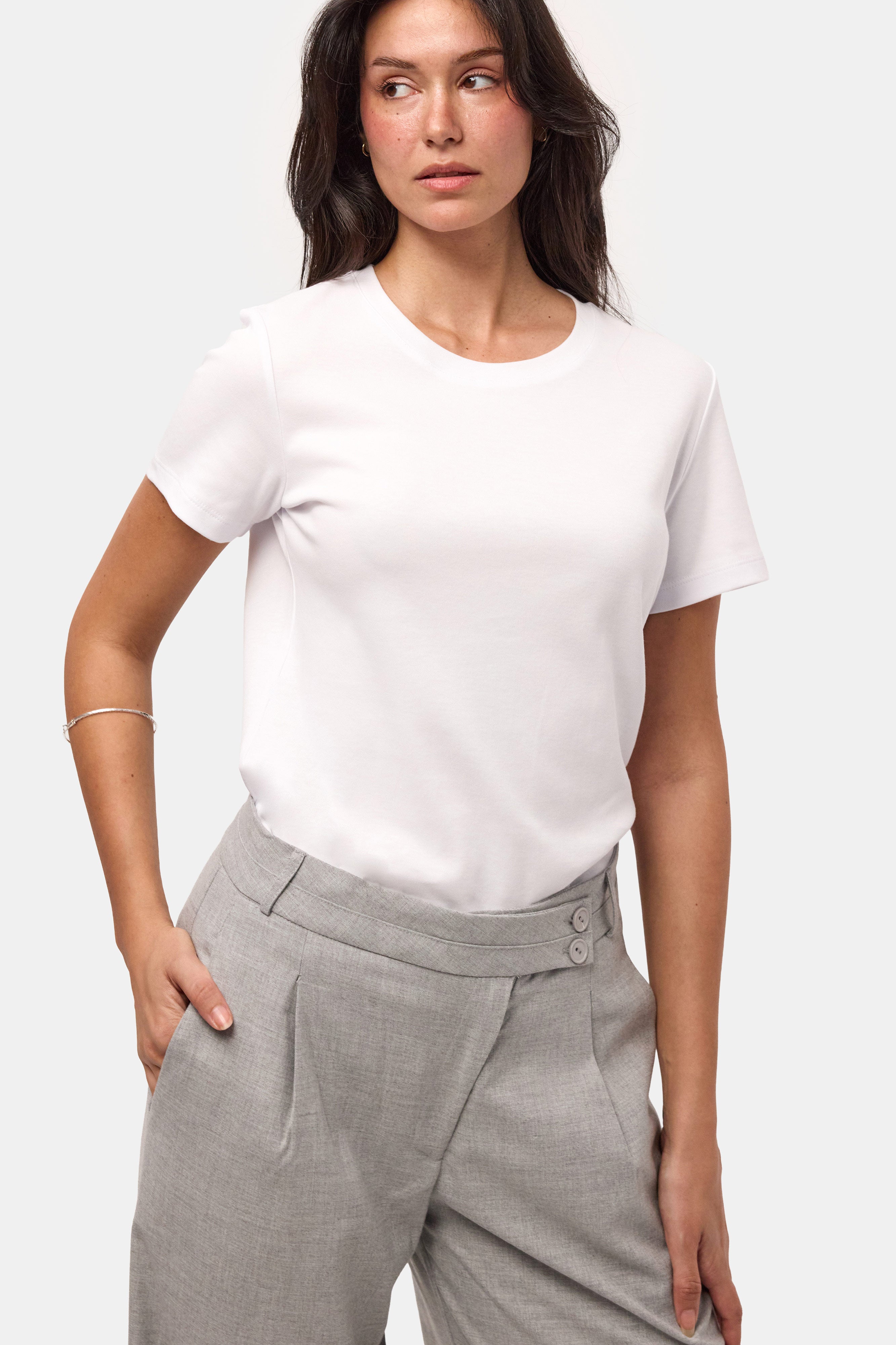 Kadın Beyaz s6-2 Bisiklet Yaka Organik Koton T-Shirt
