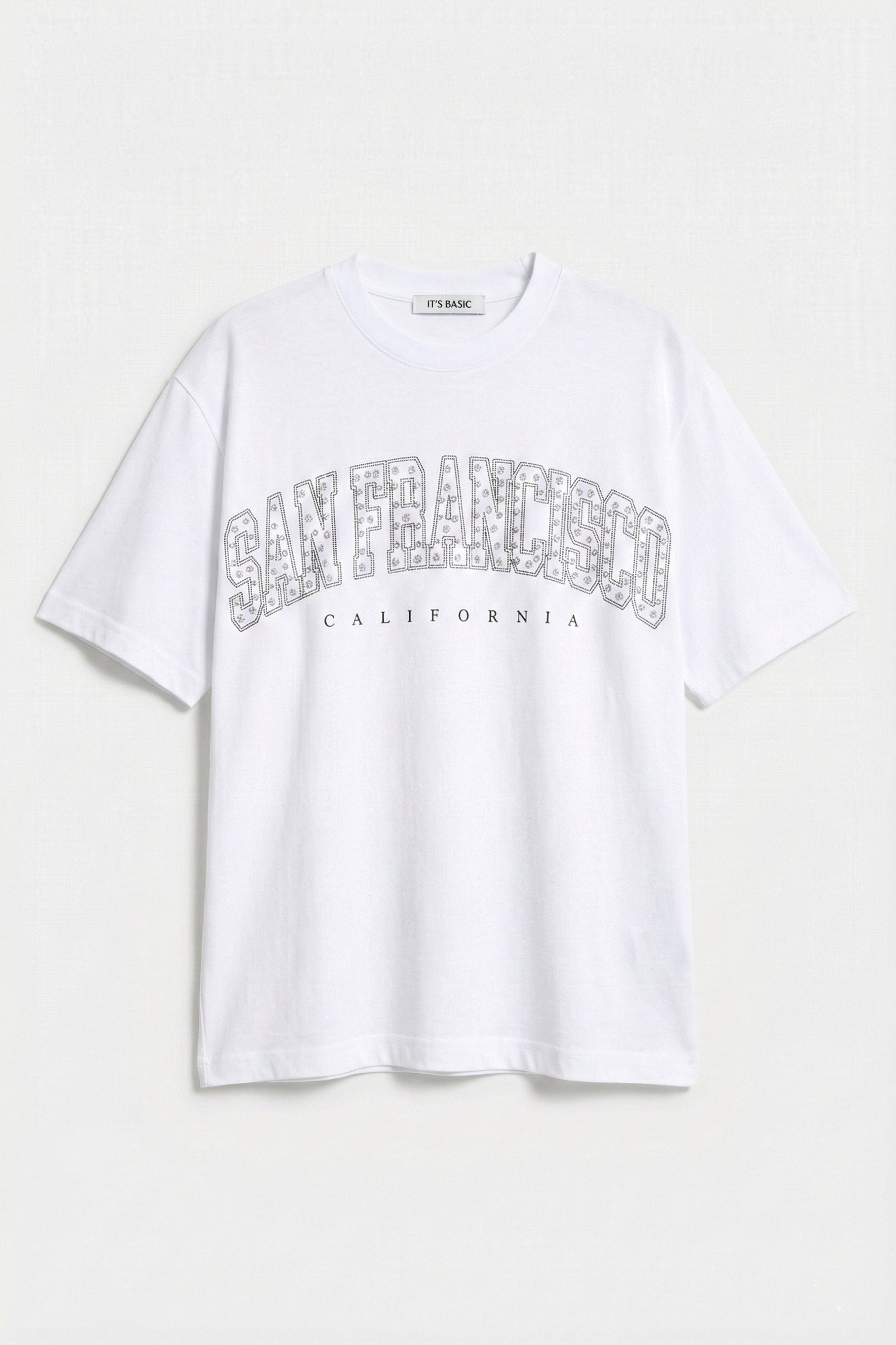 Kadın Beyaz s6-2 Oversize Özel Parlak Taşlı Sloganlı Bol Kesim T-shirt