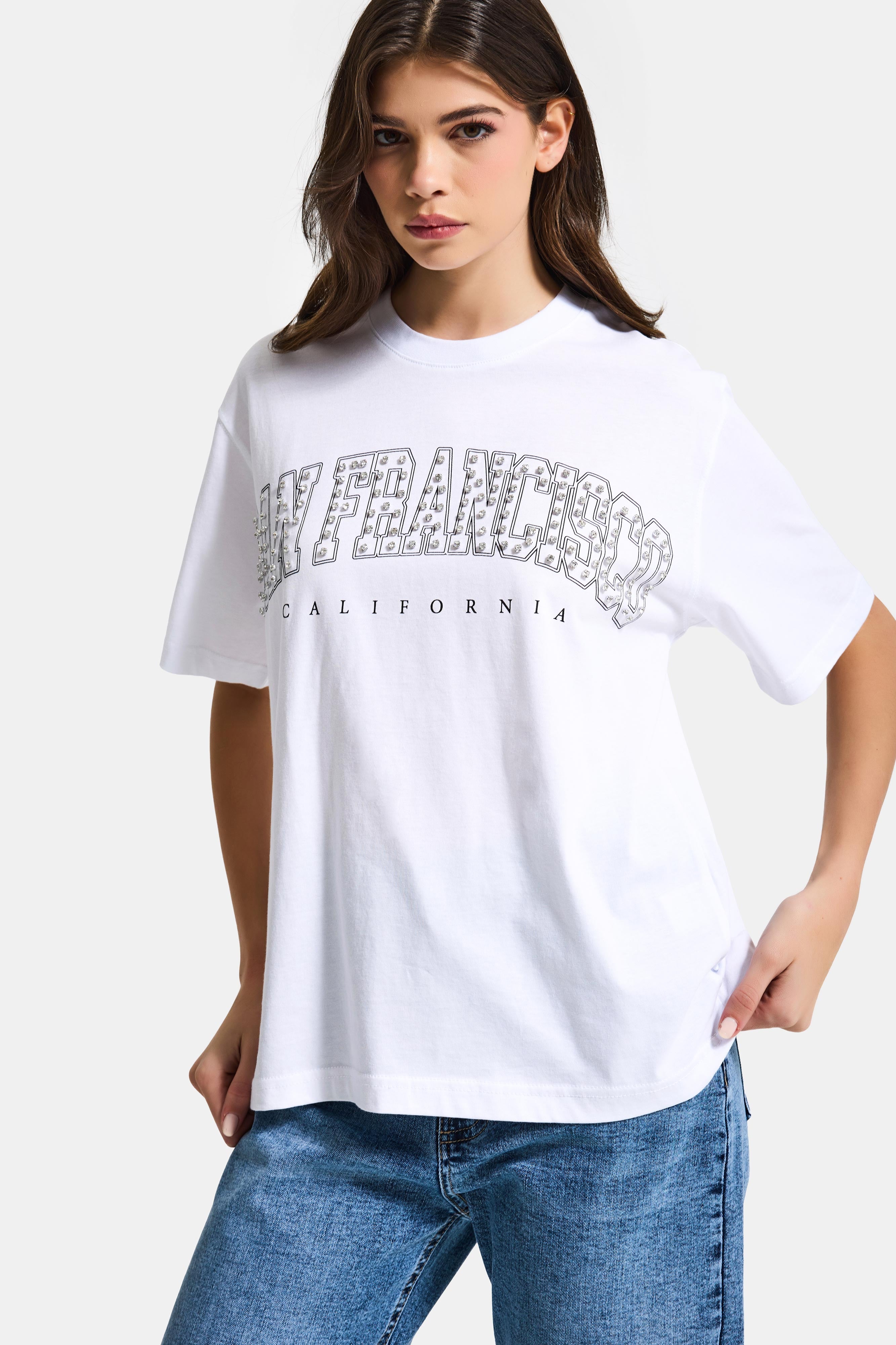 Kadın Beyaz s6-2 Oversize Özel Parlak Taşlı Sloganlı Bol Kesim T-shirt