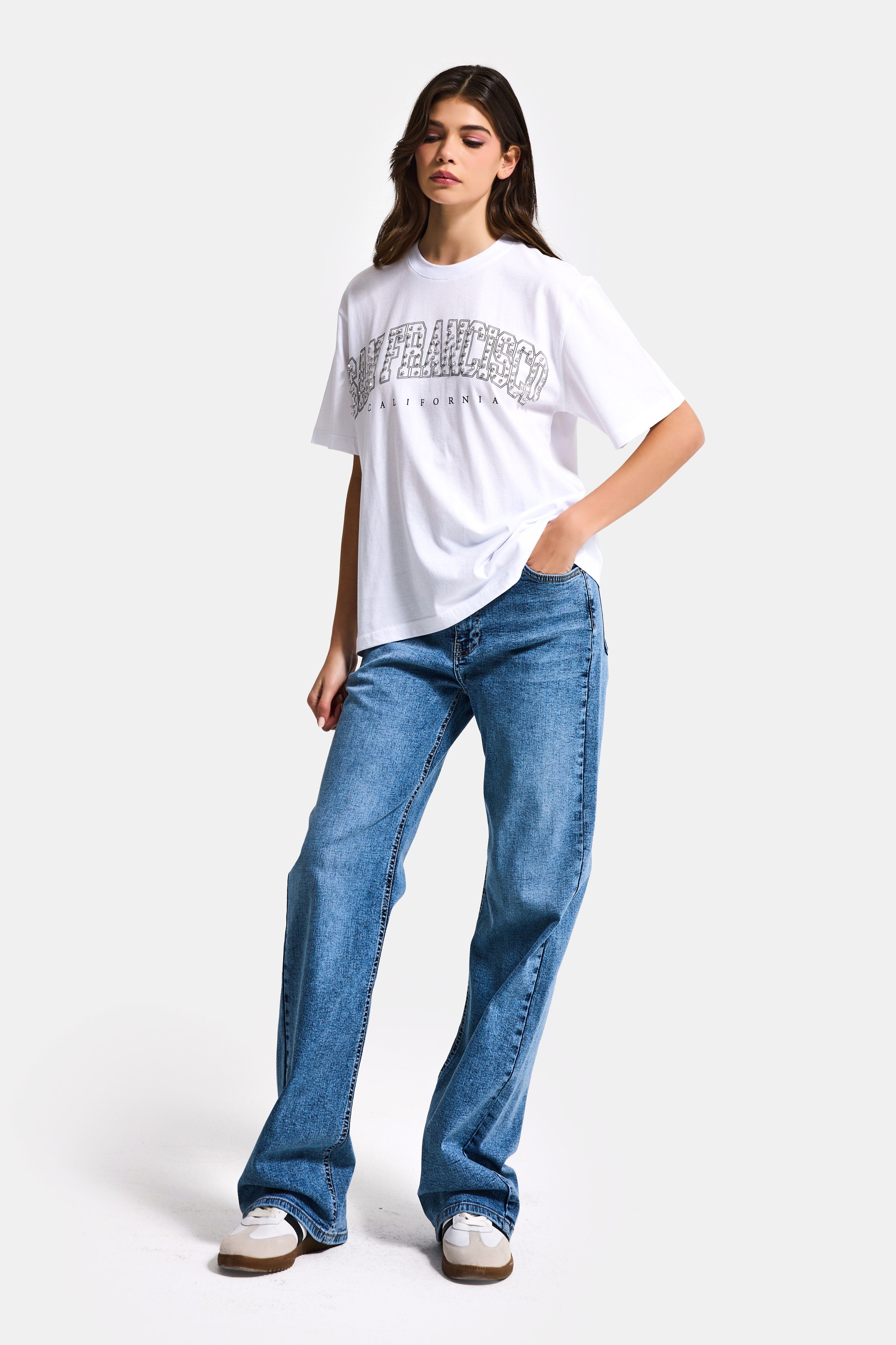 Women's White S6-2 Oversize Special Rhinestone Slogan Loose Fit T-Shirt