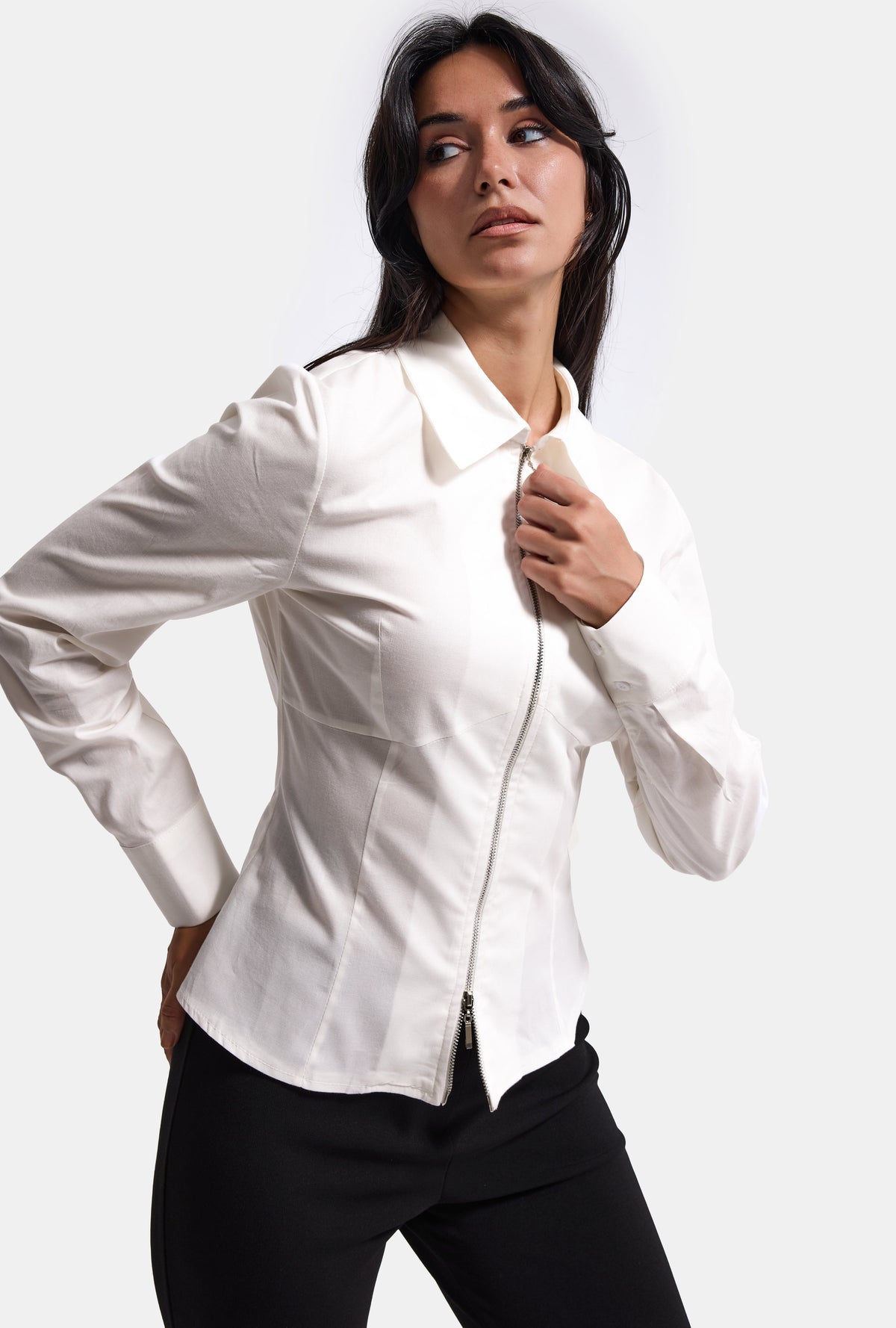 Kadın Beyaz w6-2 Slim Fit Fermuar Detaylı Gömlek
