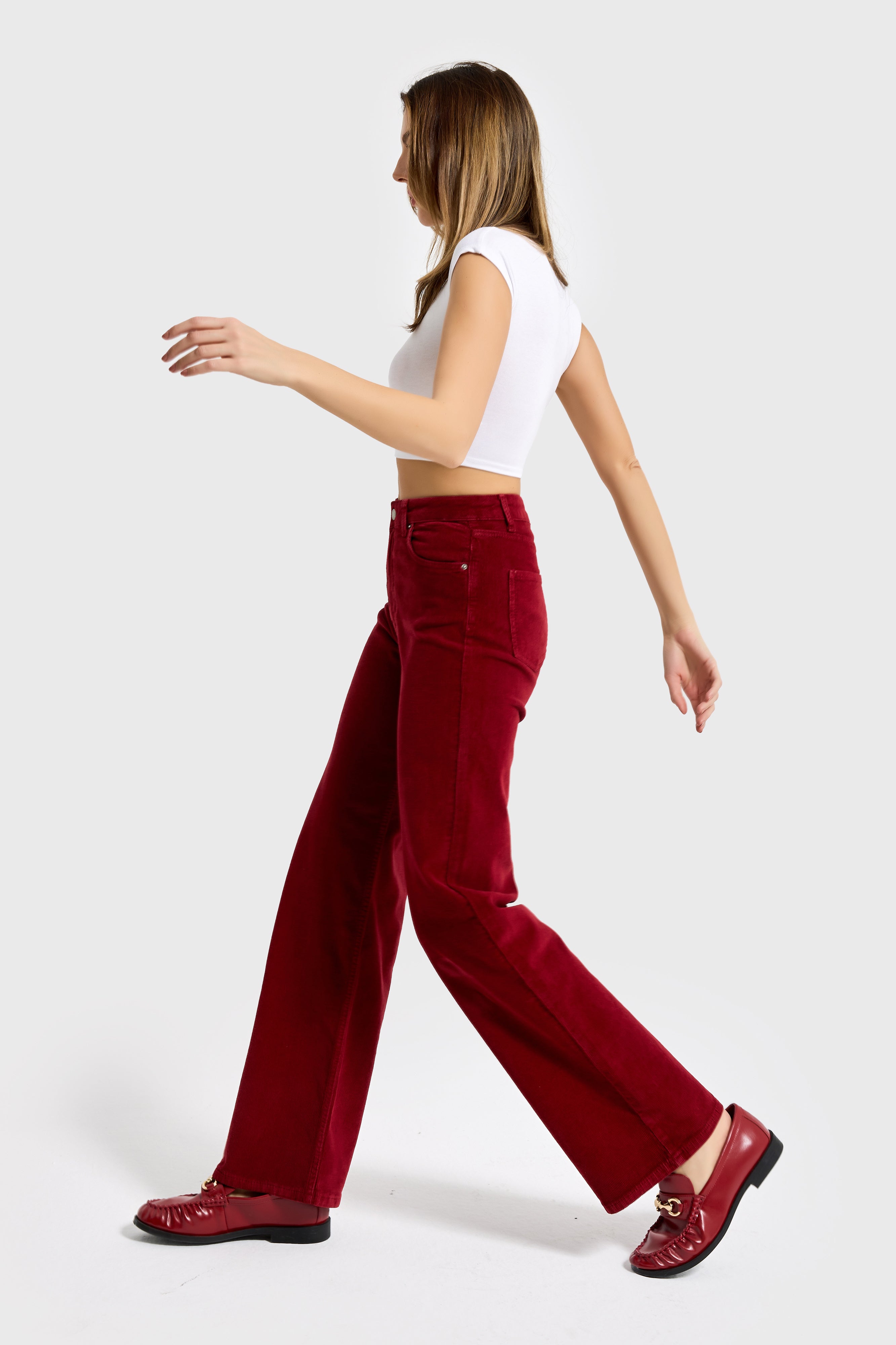 Kadın Bordo 29w5-35 Straight Cropped Fit Elastan Velvet Kadife Kumaş Pantolon