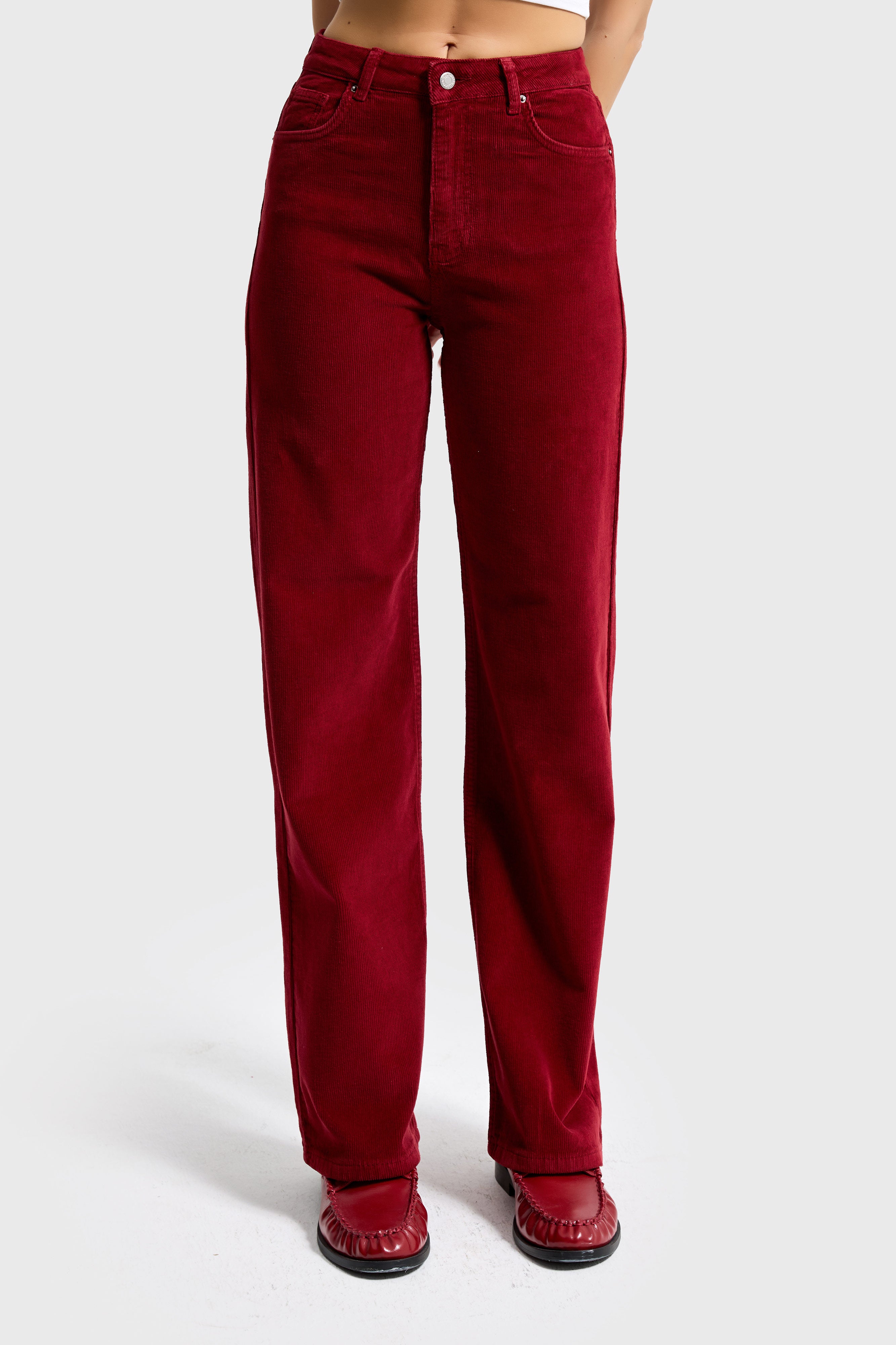 Kadın Bordo 29w5-35 Straight Cropped Fit Elastan Velvet Kadife Kumaş Pantolon