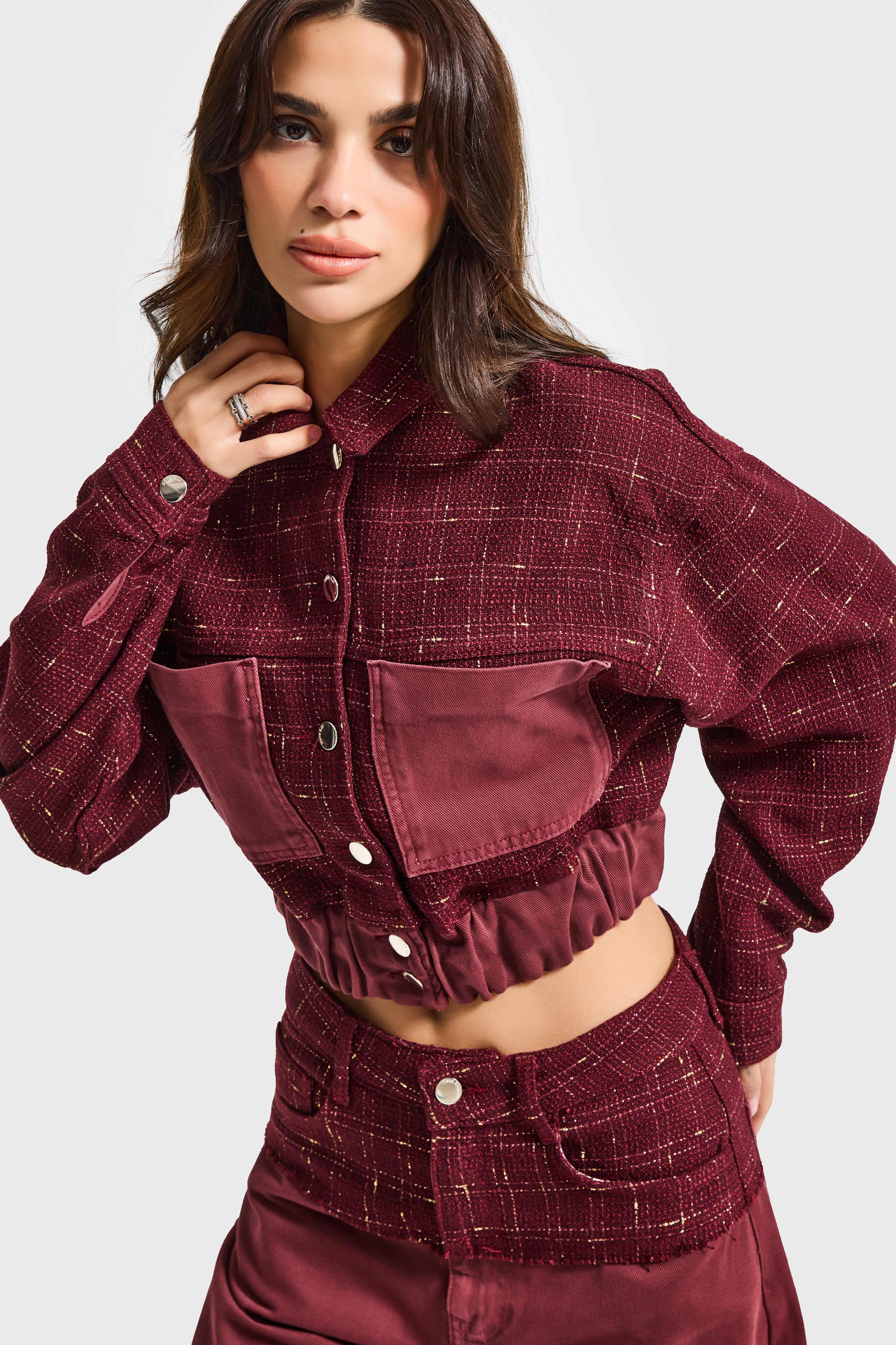 Kadın Bordo 6w6-35 Dokuma Denim Kumaş Karışımlı Önü Düğmeli Özel Tasarım Bomber Ceket