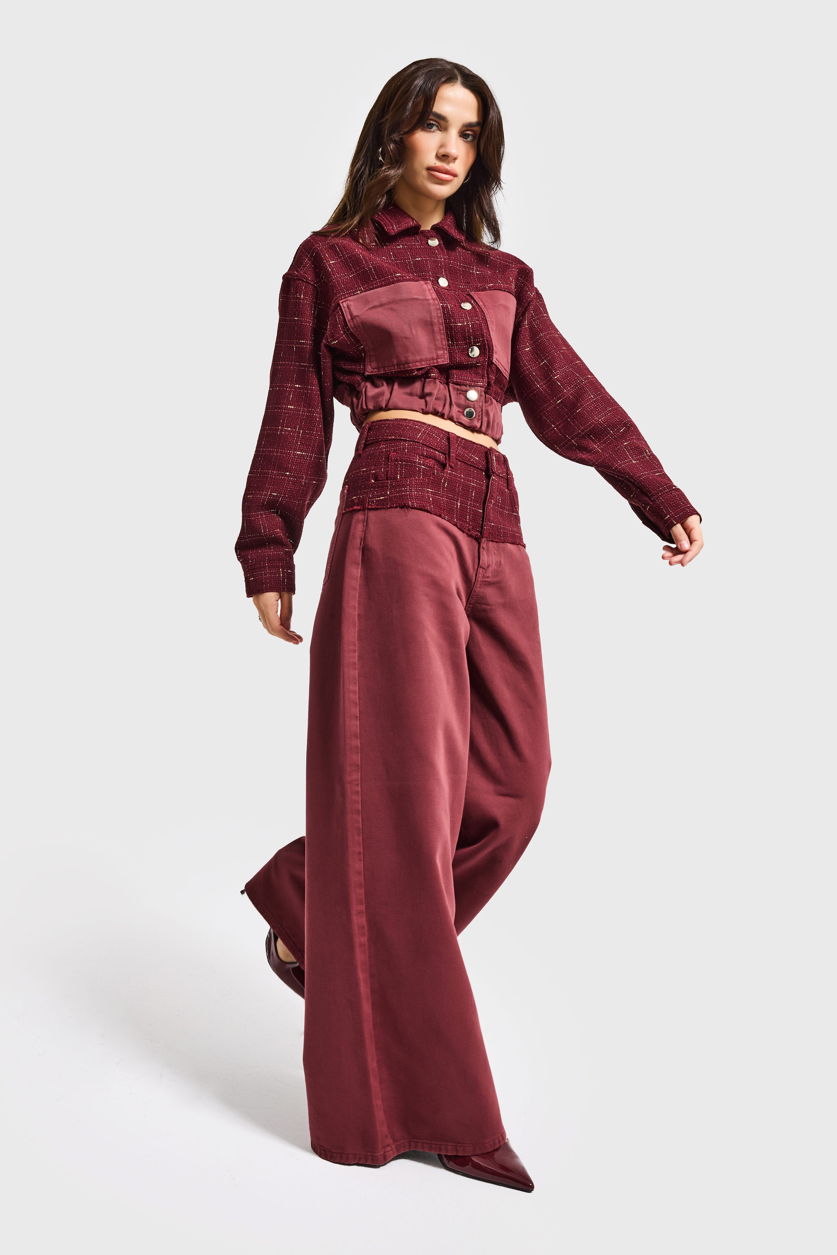 Kadın Bordo 6w6-35 Dokuma Denim Kumaş Karışımlı Önü Düğmeli Özel Tasarım Bomber Ceket