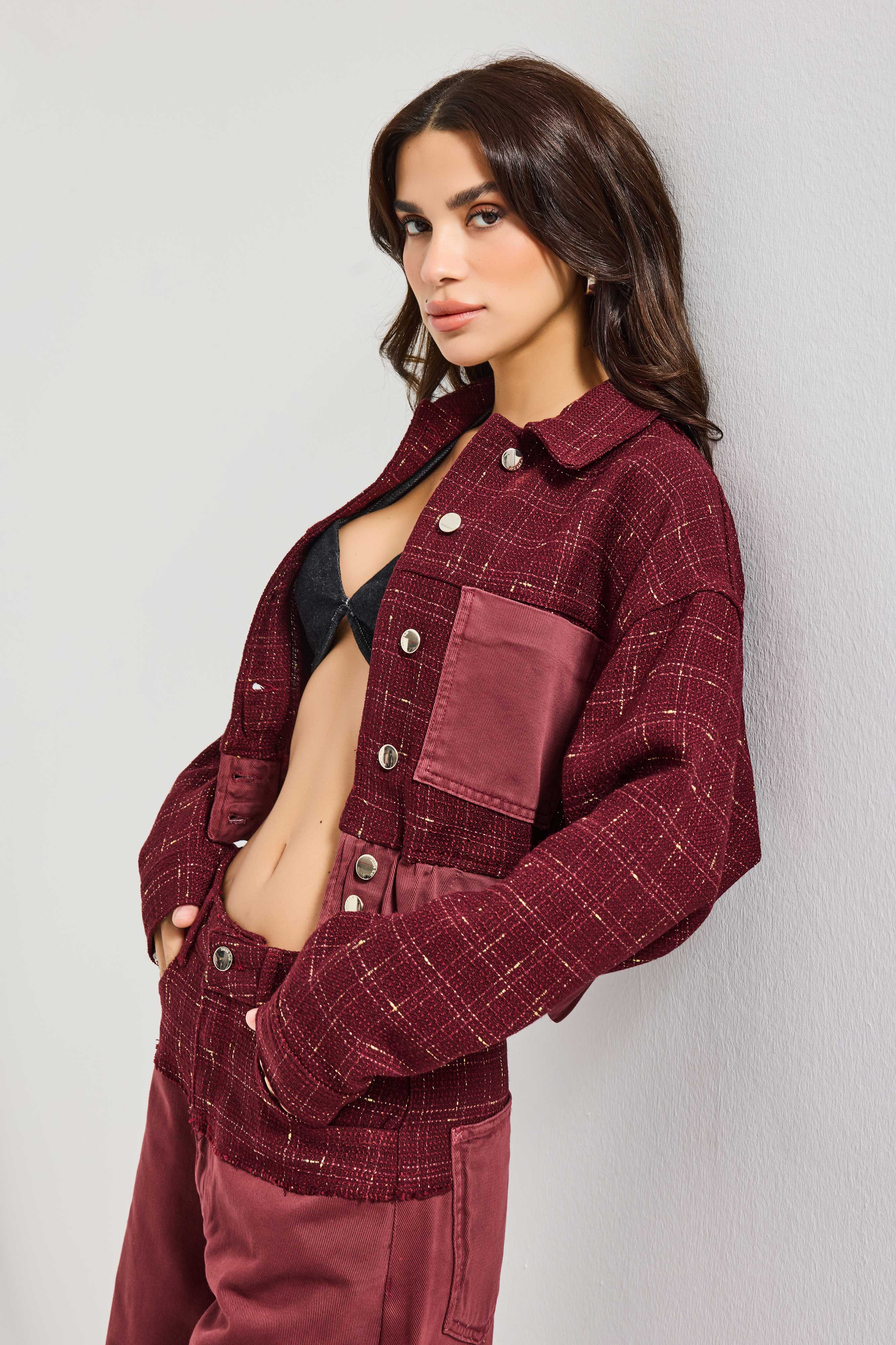 Kadın Bordo 6w6-35 Dokuma Denim Kumaş Karışımlı Önü Düğmeli Özel Tasarım Bomber Ceket