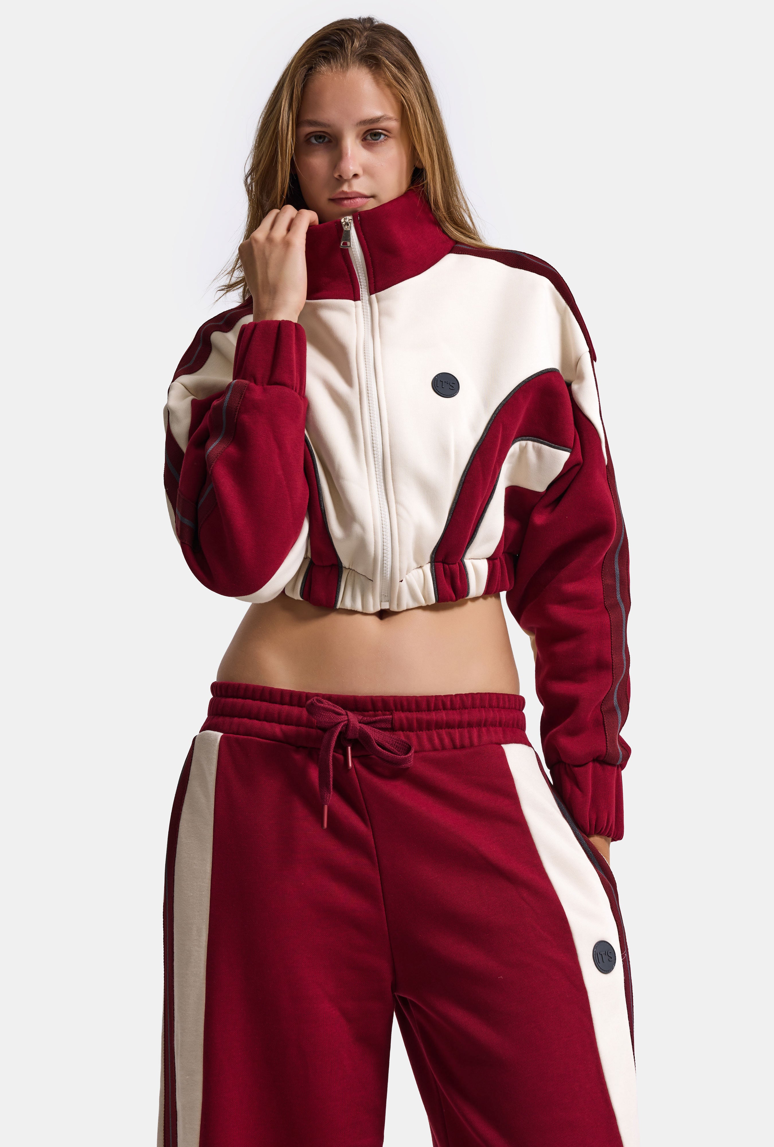Kadın Bordo Bej w6-35 Crop Sweatshirt Eşofman Pantolon 2'li Tasarım Takım